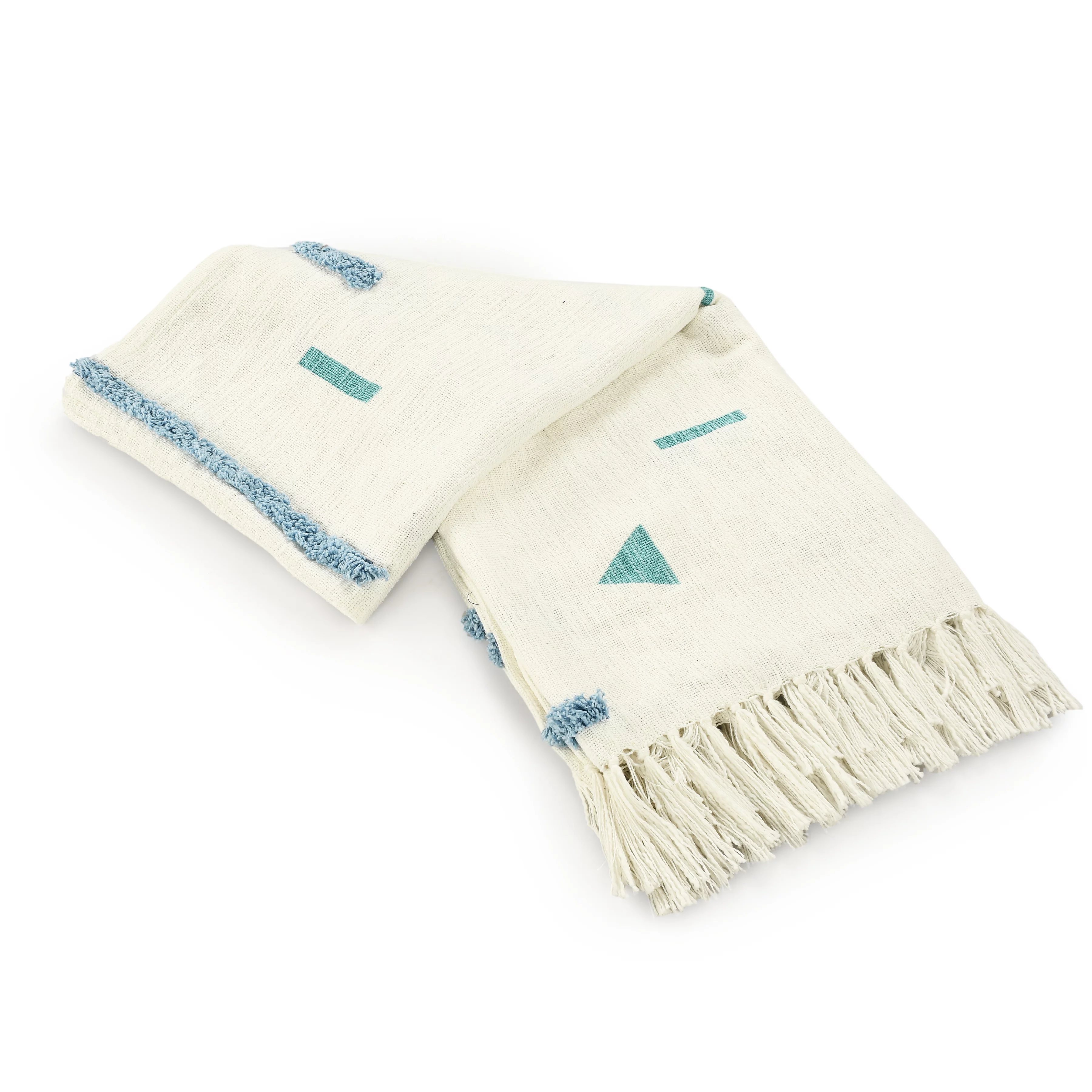 Ox Bay Sterling Geometric Hand-Woven Organic Cotton Throw Blanket, Cream & Blue, 50