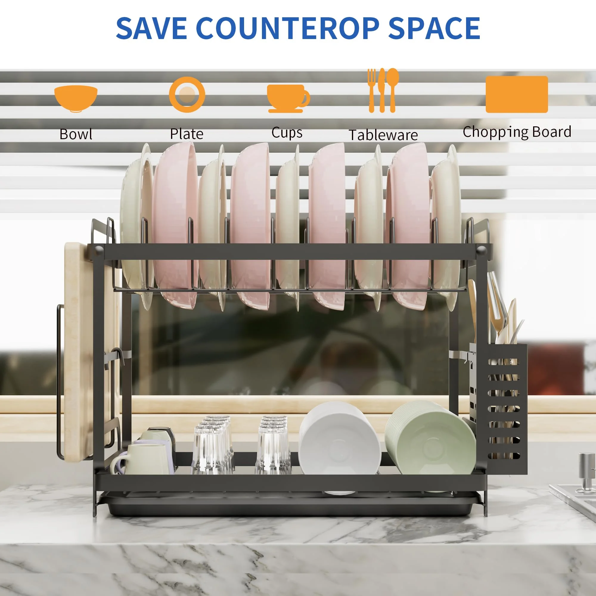 Sunnycome Dish Drainer Rack for Kitchen Counter,2 Tier Utensil Holder with Drip Tray Black