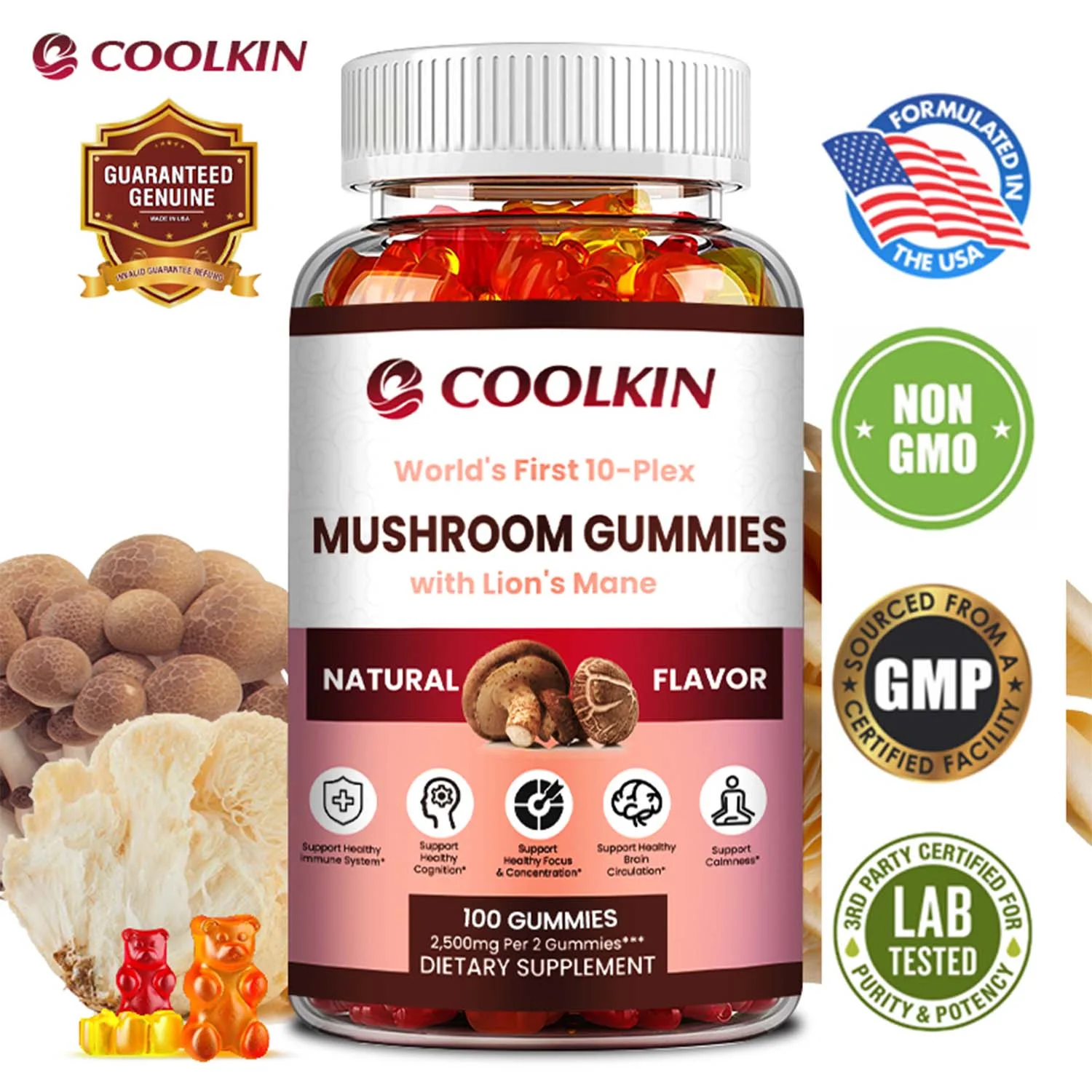 Coolkin Mushroom Gummies - with Lion's Mane - Boosts The Brain, Improves Memory (30/60/100pcs)
