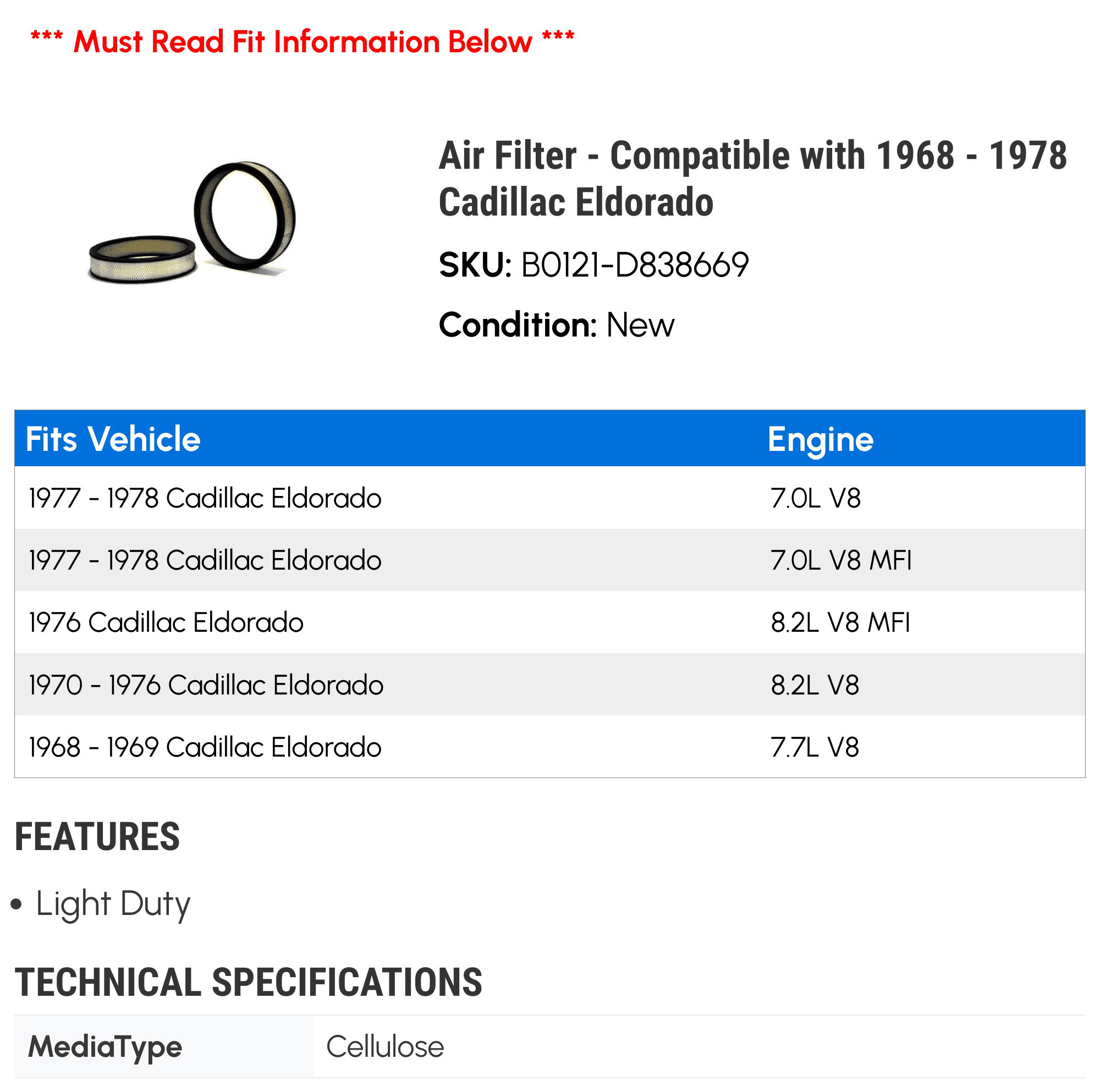 Air Filter - Compatible with 1968 - 1978 Cadillac Eldorado 1969 1970 1971 1972 1973 1974 1975 1976 1977