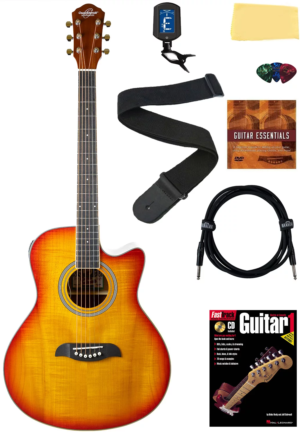Oscar Schmidt OA10CE Mini Auditorium Cutaway Acoustic-Electric Guitar - Spalted Maple Bundle with Cable, Tuner, Strap, Picks, Book, DVD, and Austin Bazaar Polishing Cloth