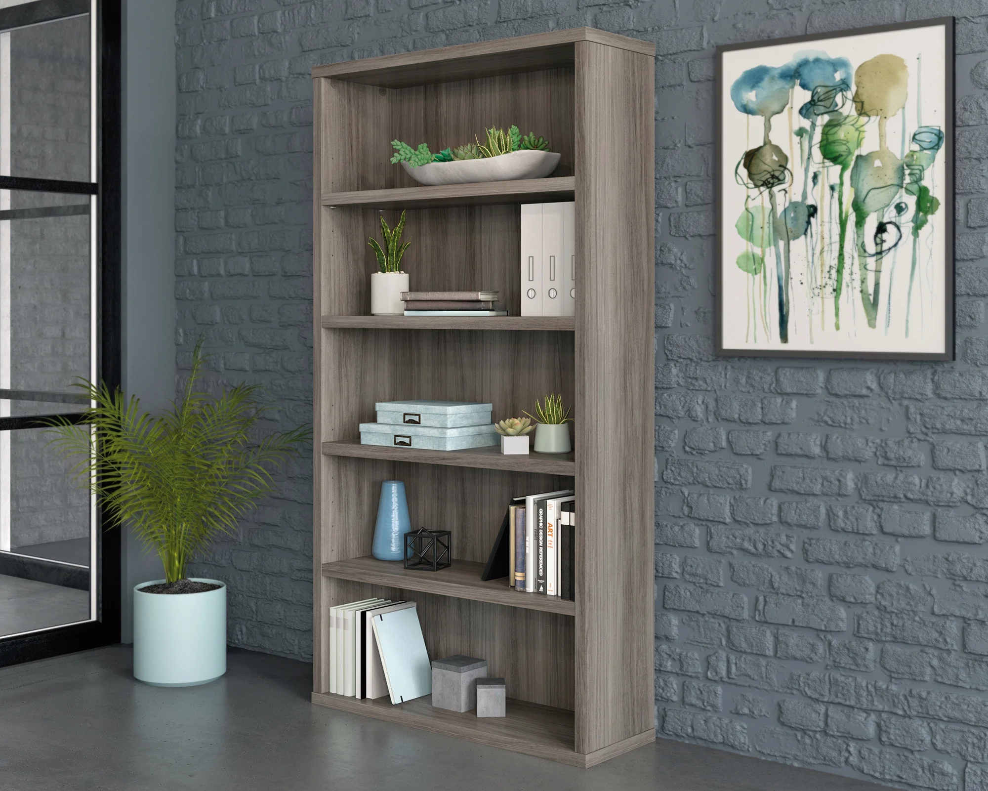 Sauder Affirm Engineered Wood 5-Shelf Bookcase in Hudson Elm/Brown