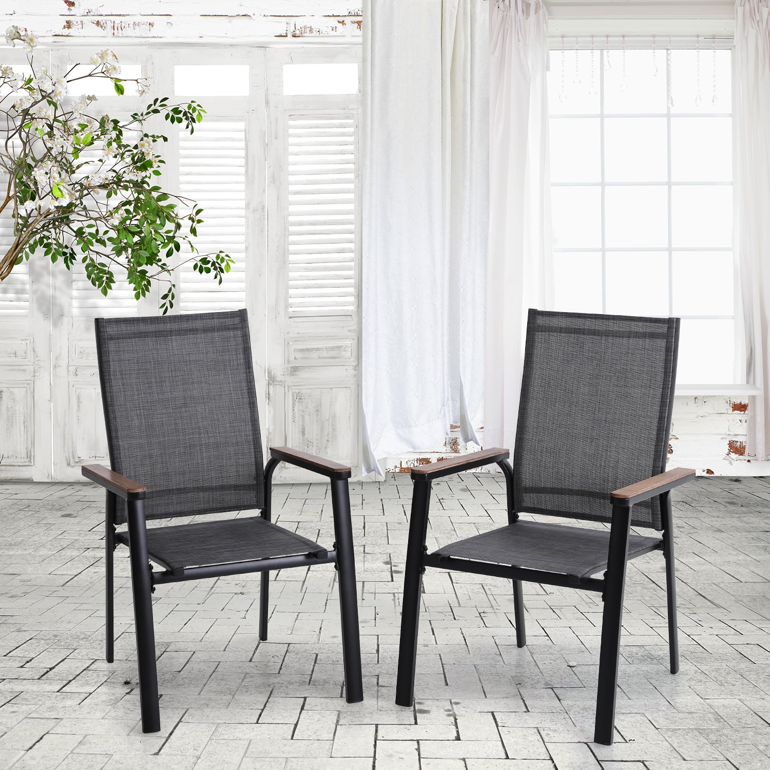 Outdoor Dining Chair - Aluminum - Set of 2 - Has Arms - Black/Brown