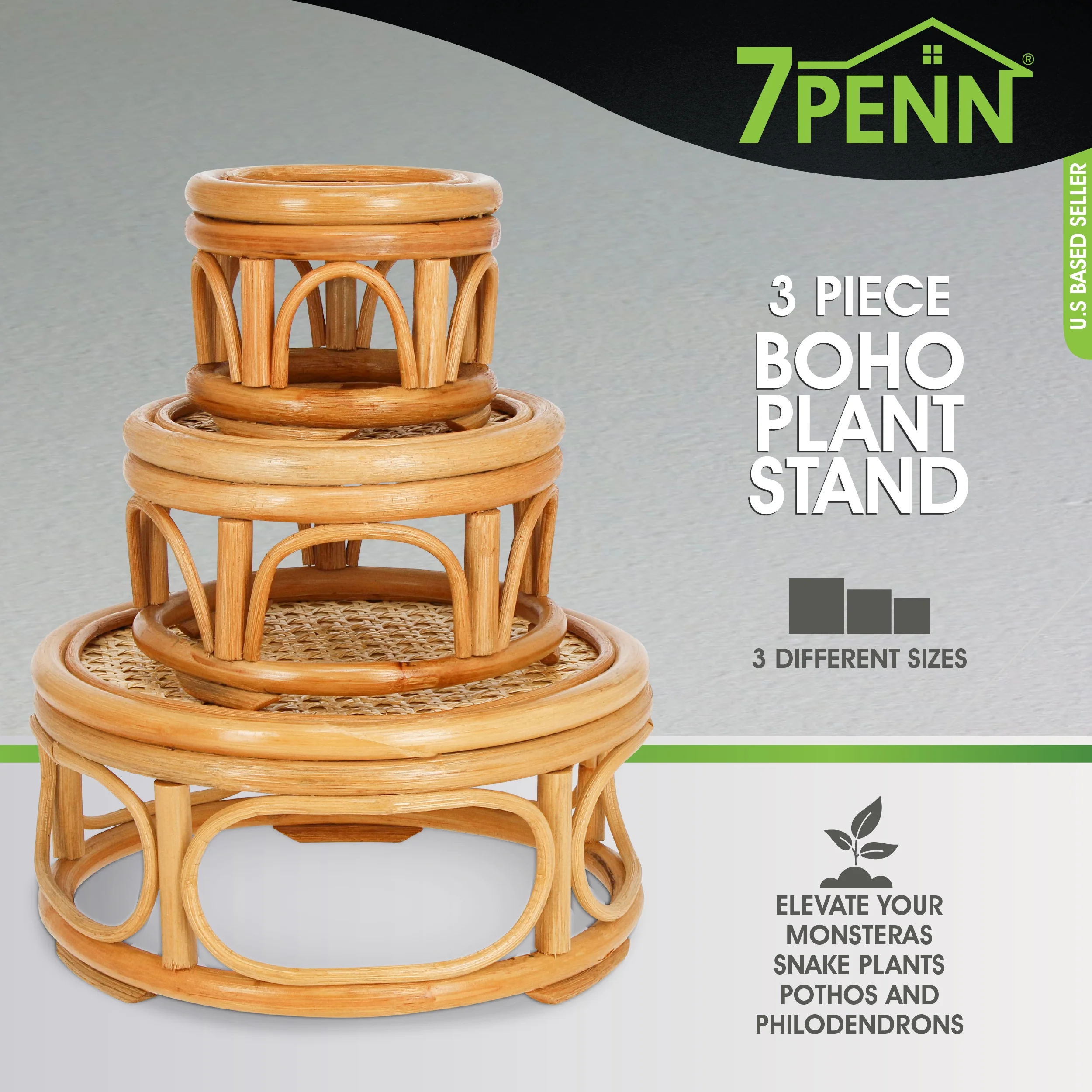 7Penn Boho Plant Stand 3 Piece Set - Multilevel Wicker and Rattan Planter Risers