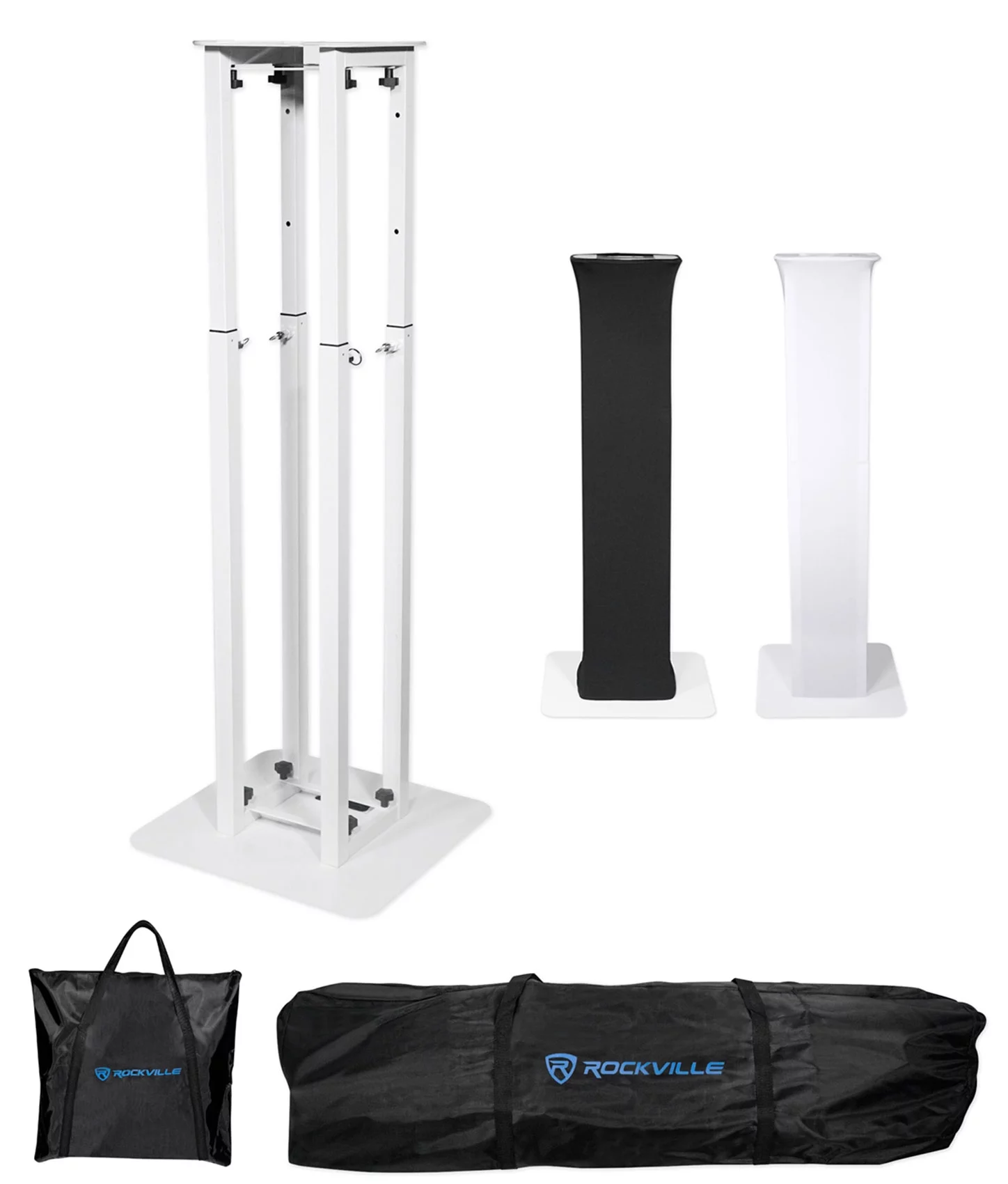 (2) Rockville 8 Ft. Totem Stands+DJ Facade+(4) Battery Powered Wash Up-Lights