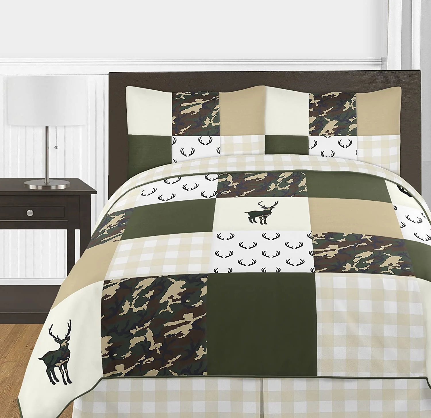 HAOFEI Green and Beige Deer Buffalo Plaid Check Woodland Camo Boy Full/Queen Teen Childrens Bedding Comforter Set - 3 Pieces - Rustic Camouflage