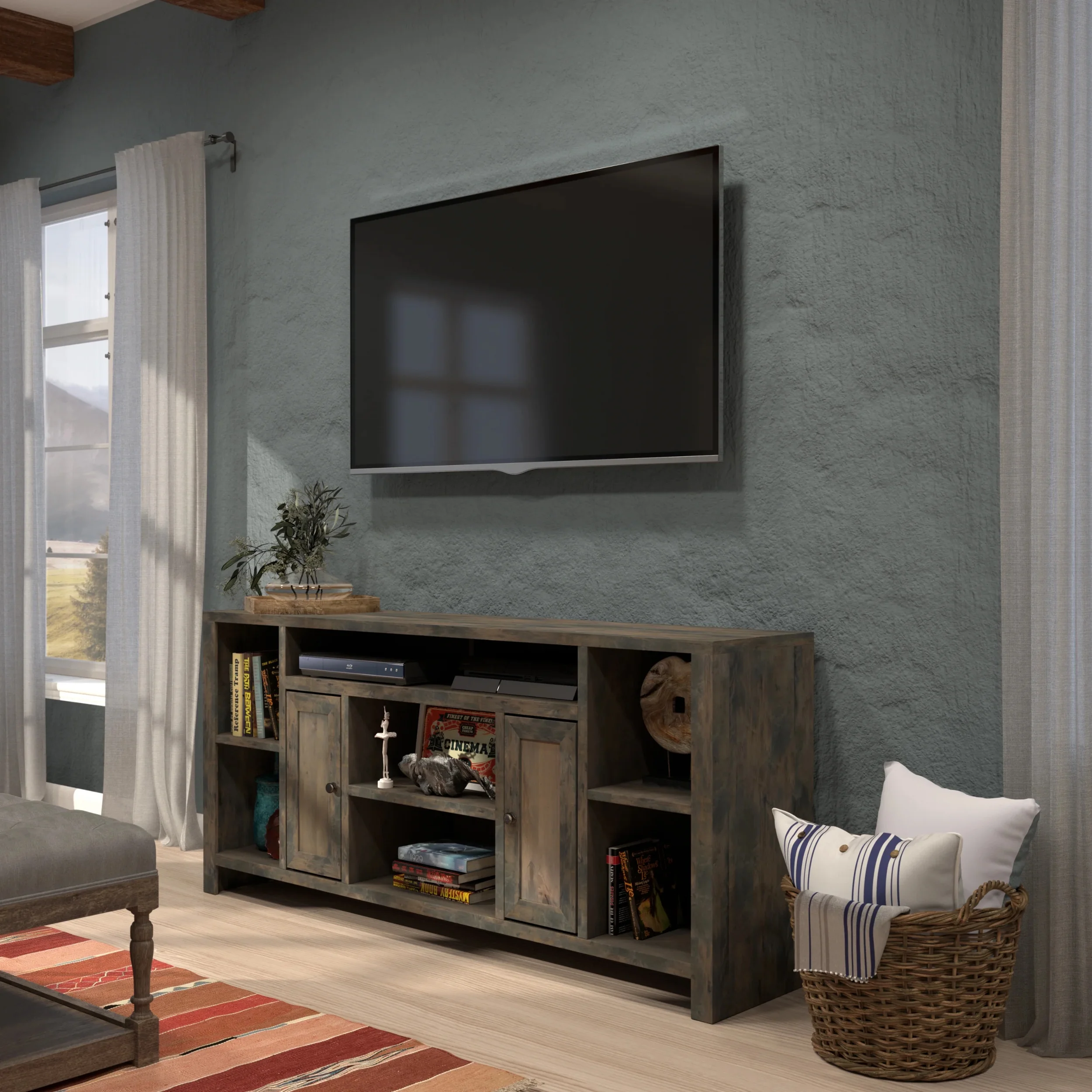 Living Pavilion Bridgevine Home Joshua Creek 74 inch TV Stand Console for TVs up to 85 inches, No Assembly Required, Barnwood Finish