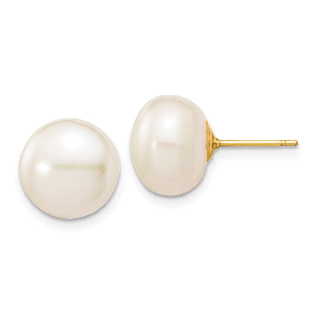 Real 14kt Yellow Gold 10-11mm White Button Freshwater Cultured Pearl Stud Post Earrings; for Adults and Teens; for Women and Men