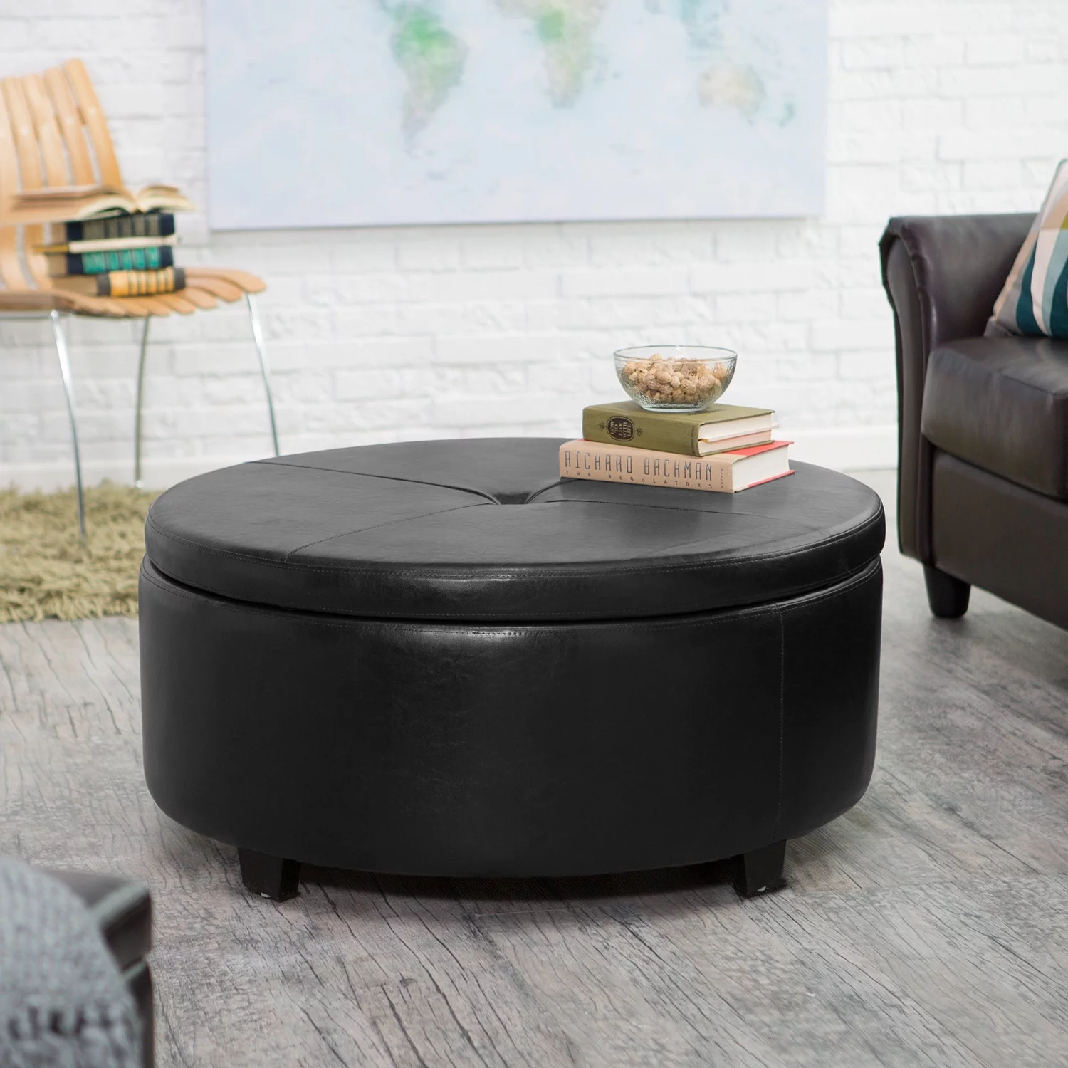 Lacoo Large Round Storage Ottoman Comfort Footrest, Black Faux Leather