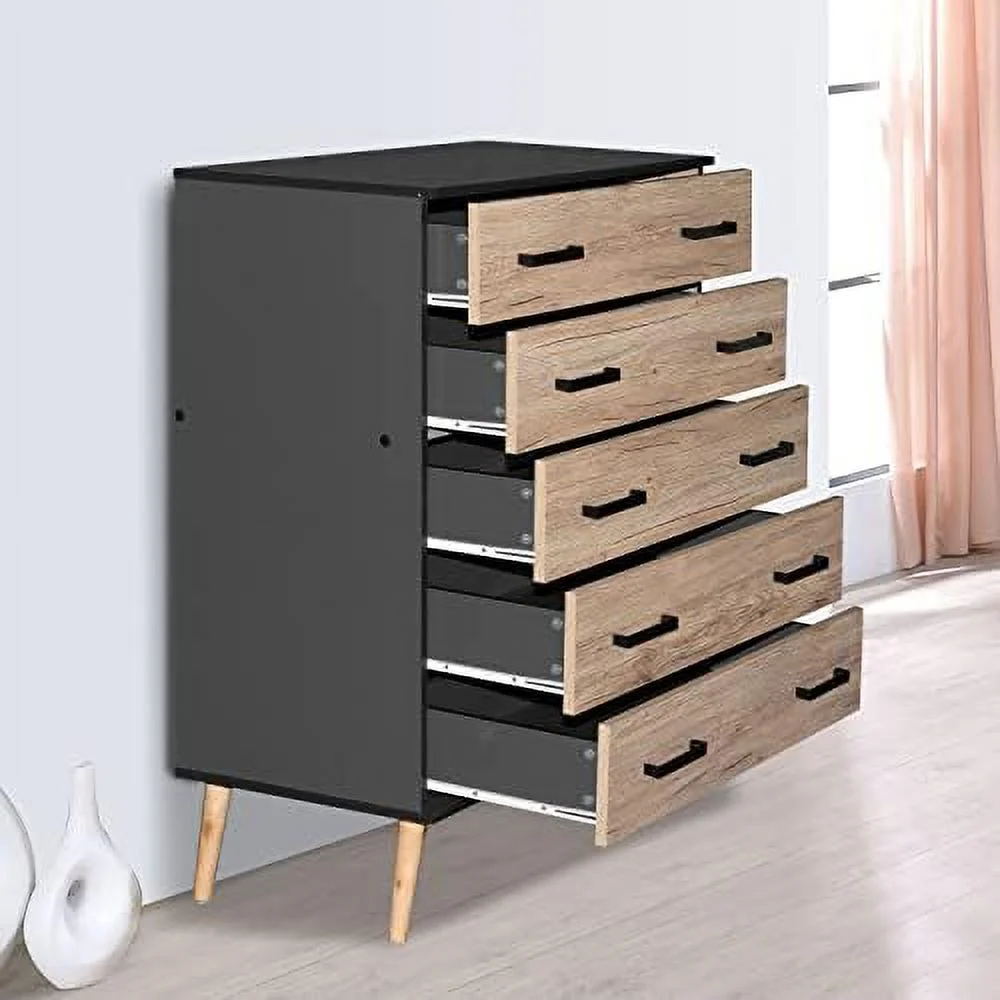 xrboomlife Eli Mid-Century Modern 5 Drawer Chest in White & Natural Oak