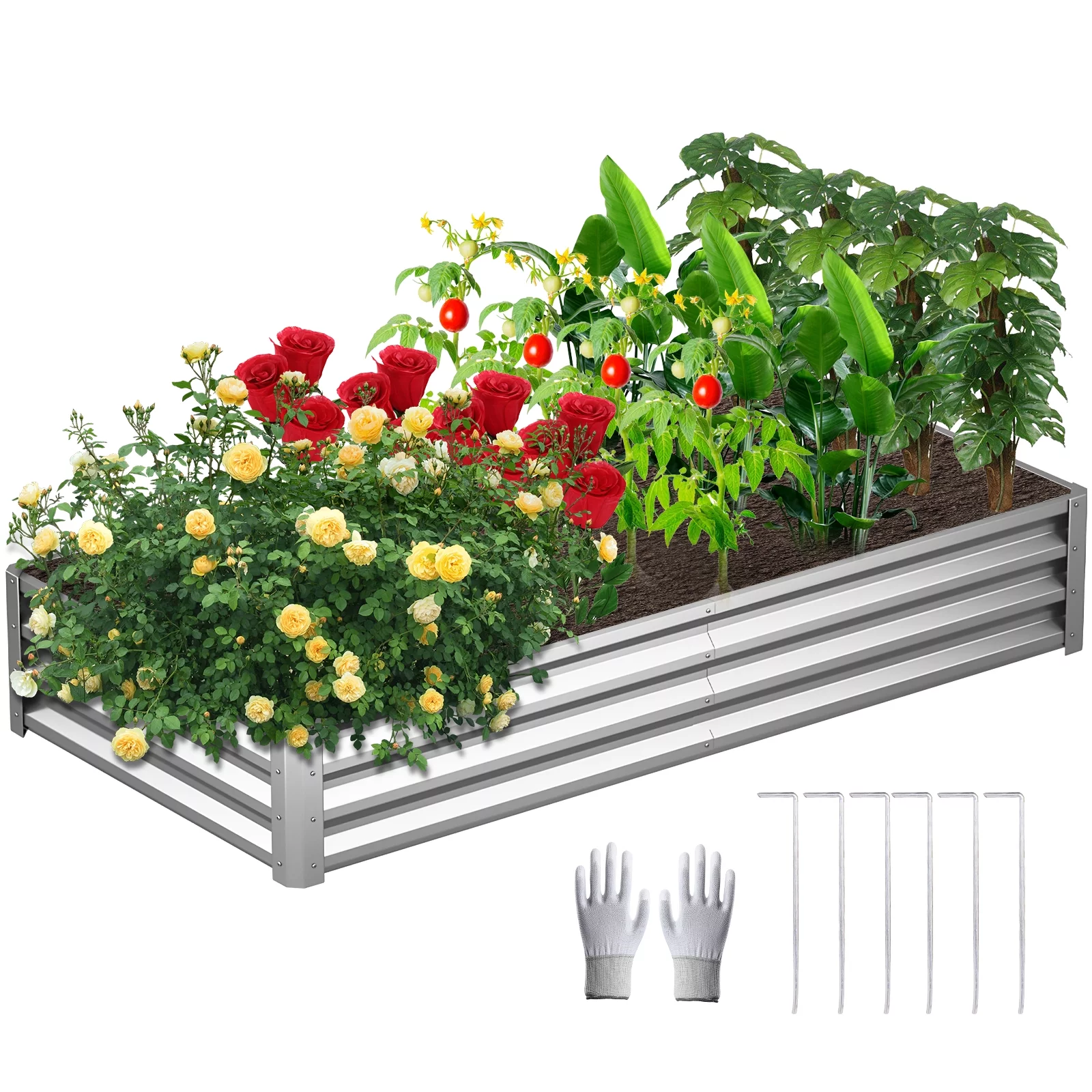 YEOPGYEON 8*4*1ft Galvanized Raised Garden Bed Outdoor for Vegetables Flowers Herb, Large Heavy Metal Planter Box Steel Kit with Metal Stake to Fix