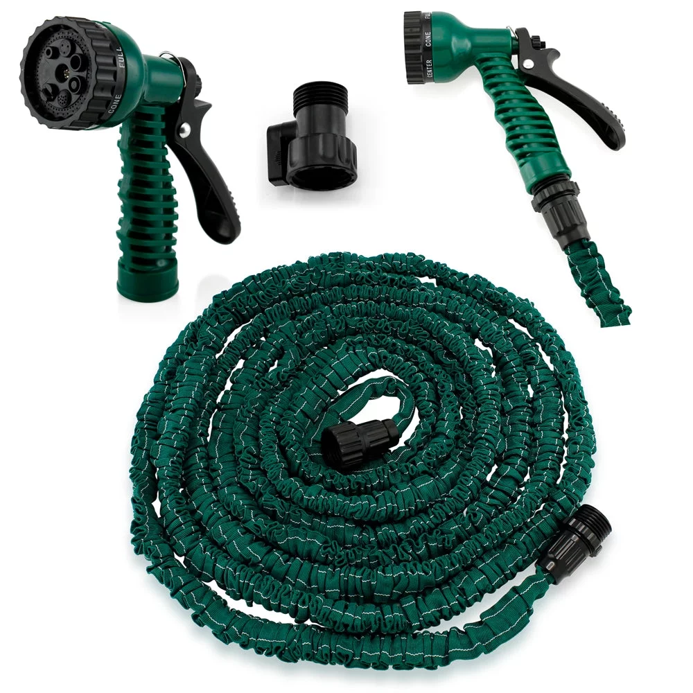 Expanding Flexible Garden Water Hose w/ Spray Nozzle in Green (100ft) - CycloneSound