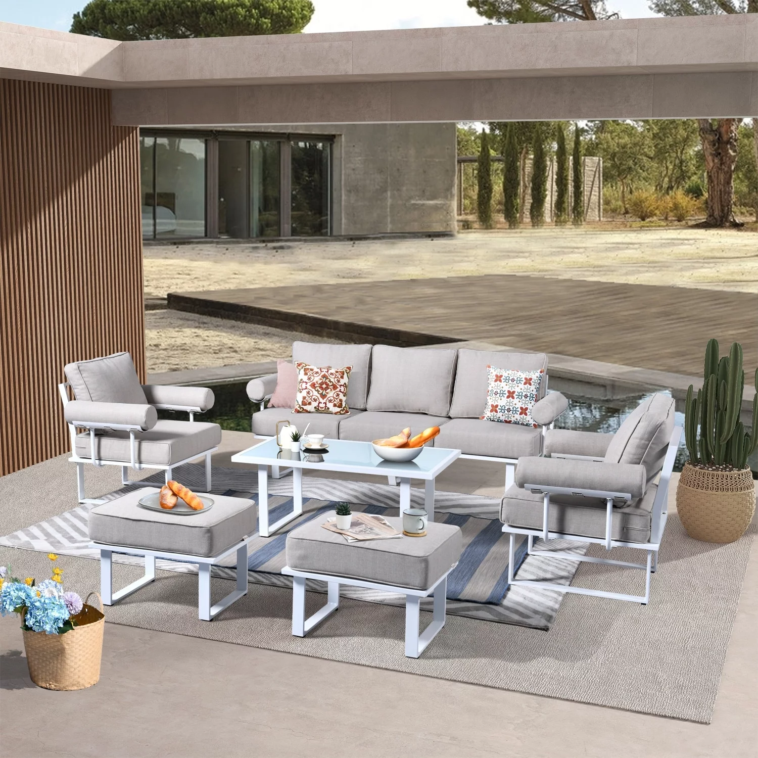 OVIOS  6-piece Outdoor Aluminum Frame Ottoman Removable Cushion Sectional Set Grey