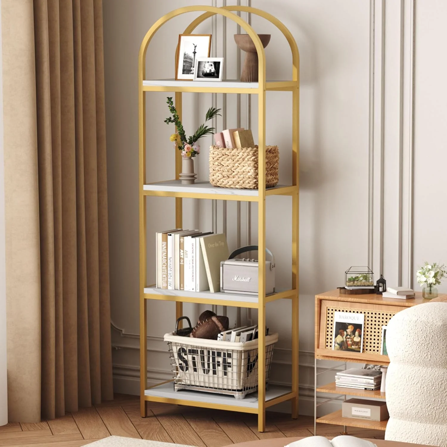HYUN Arched Bookshelf,4 Tier Metal Frame Bookcase, Modern Bookcases Tall Book Shelf,Open Display Shelves for Office, Study Room, Living Room (Gold Frame, White Shelves)