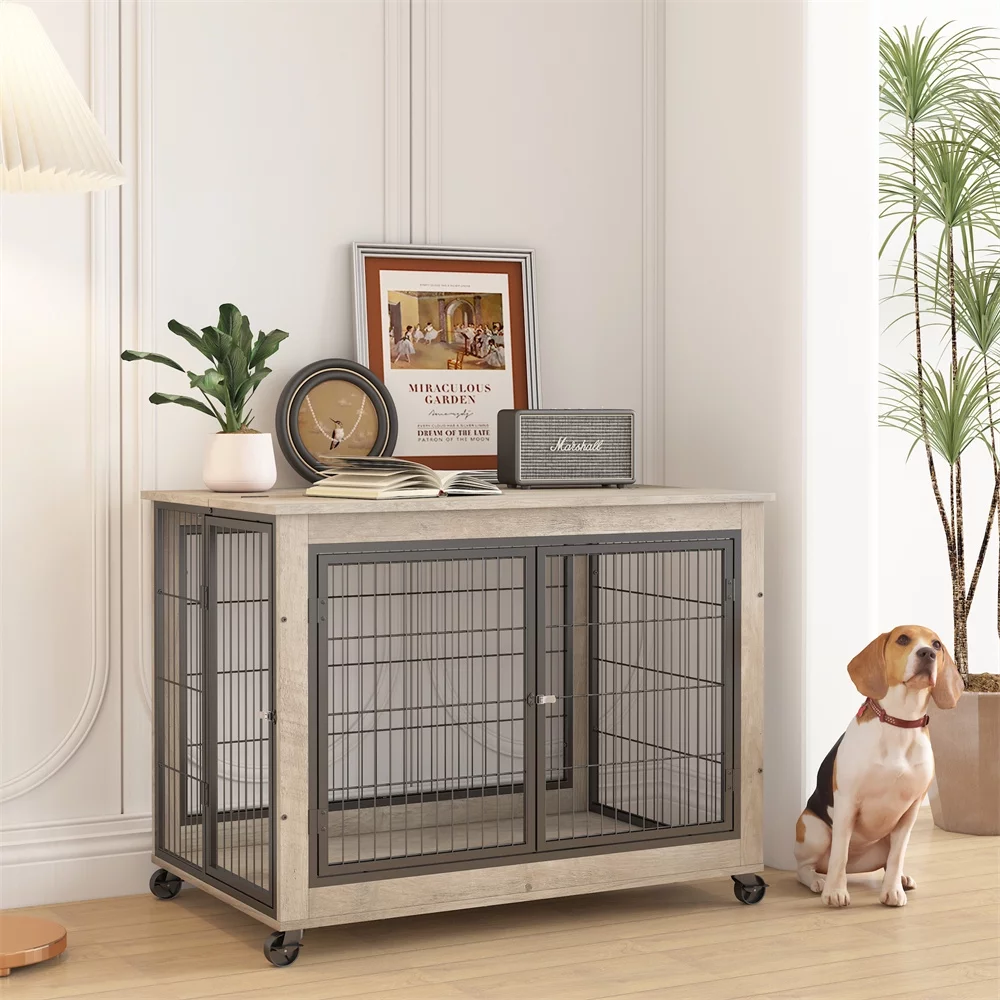 Lausatek Double Doors Wire Wood Dog Kennel Indoor with Divider Panel,Wooden Dog Crate Furniture,Dog Crate End Table with Tray,Pet Crate Table Cage for Dogs