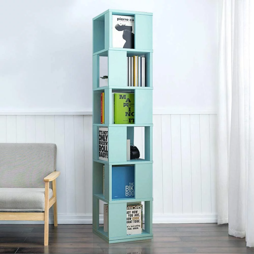 6 Tier Open Storage Swivel Bookcase Revolving Bookshelf 360° Rotating Wood Bookshelves, Free Standing Book Shelf Storage Display Rack Rustic for Bedroom, Living Room, Home Office,Blue