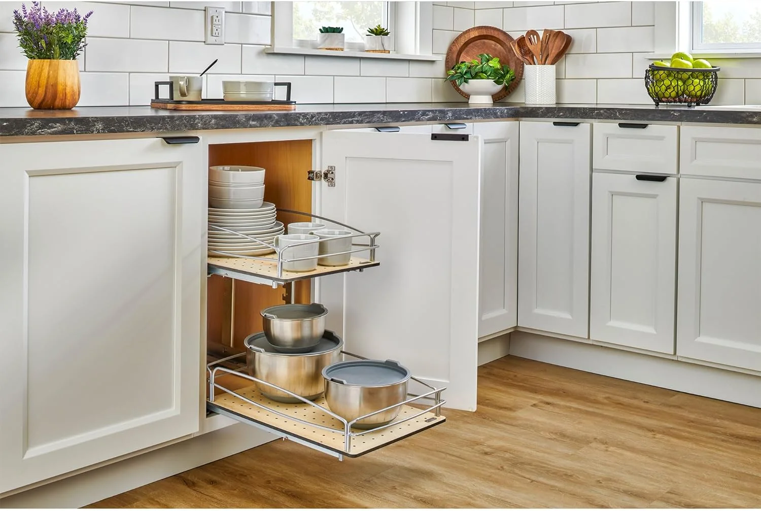 U-ToBe 2 Tier Pull Out Kitchen Cabinet Storage Organizer with Solid Bottom & Undermount Soft-Close Full Extension Slides, 15x22 in, 54BK-15SC-2-1