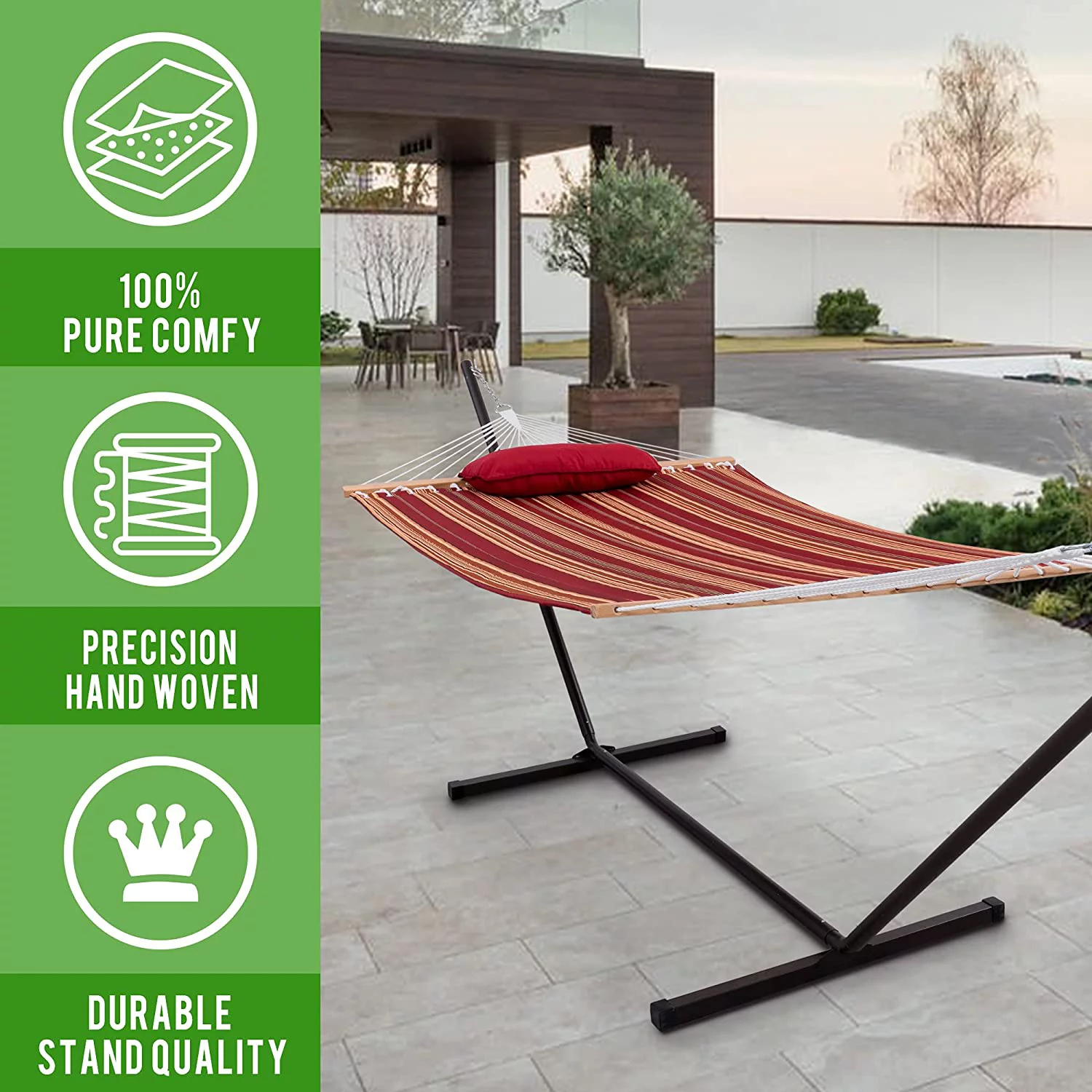 Lazy Daze Hammocks 12 Feet Steel Hammock Stand with Quilted Fabric Hammock Combo and Pillow, Red&Brown Stripe