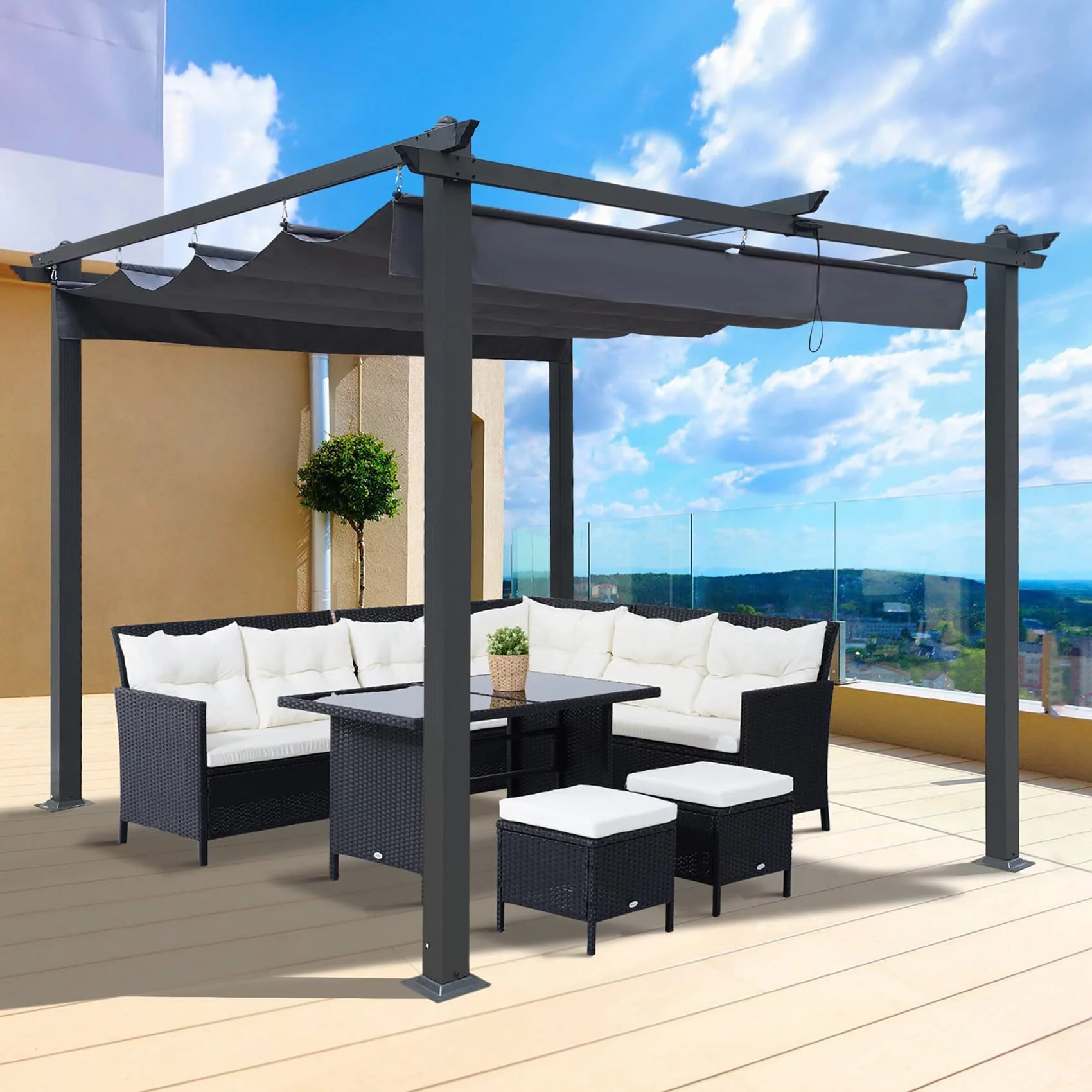 10' x 9' Outdoor Pergola with Retractable Canopy Shades, Steel Frame Pergola Shelter with Canopy Cover, Metal Grape Trellis Gazebo with Adjustable Roof for Deck Patio Garden Yard, Black + Gray