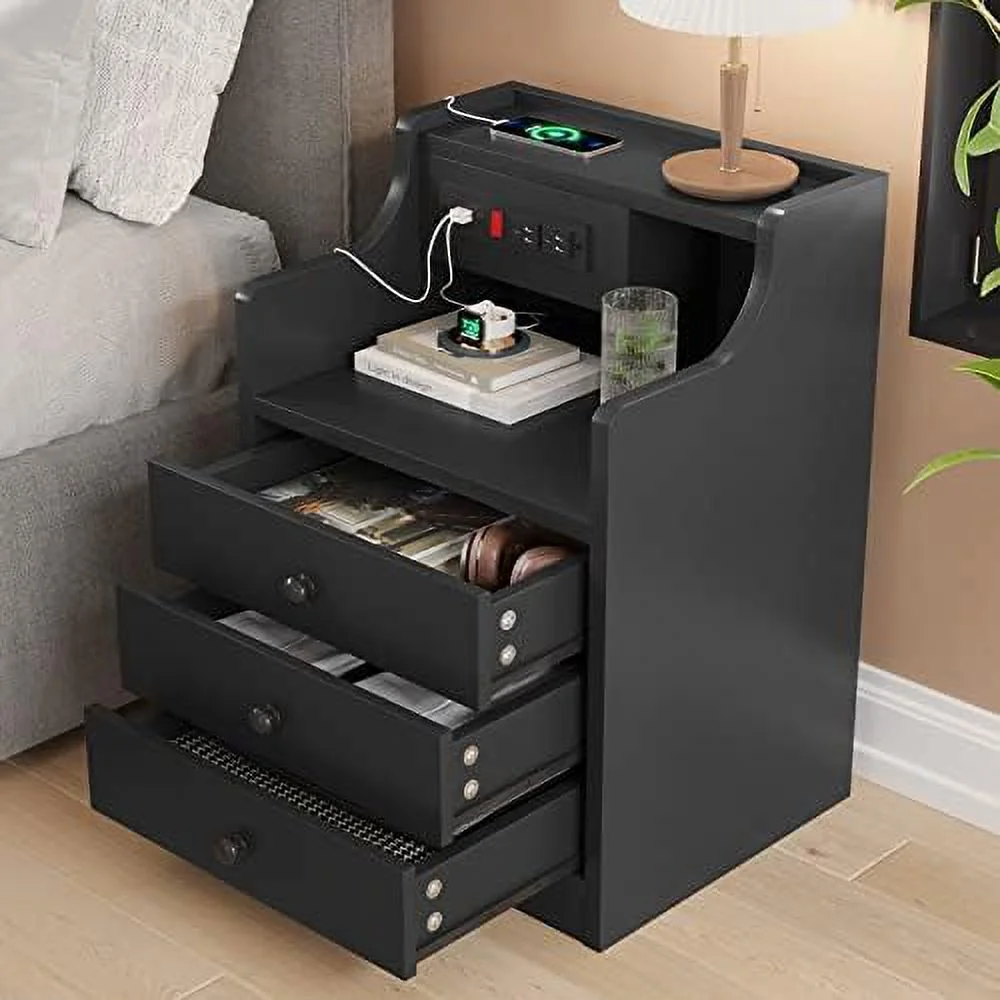 FDSHOIYN Nightstand with Charging Station  Night Stand with Hutch &  Drawers  End Table  Bedroom Grey