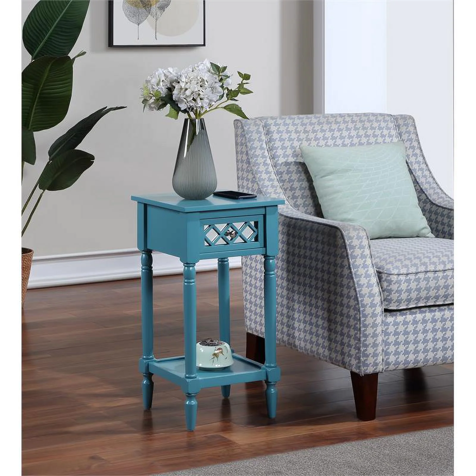 Pemberly Row Deluxe One-Drawer Accent Table with Shelf in Blue Wood