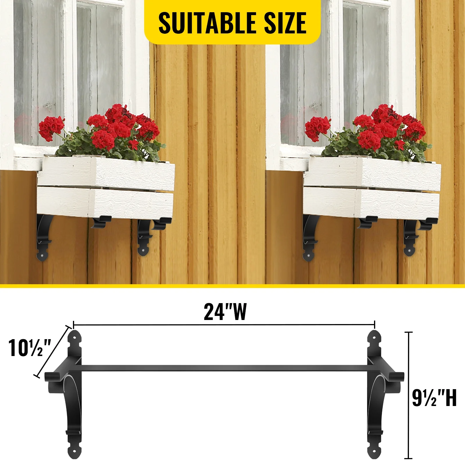 SKYSHALO Window Box Brackets 88lbs Planter Box Brackets 24 x 10.5 x 10 in Black Planter Mounting Bracket Iron Material Black Window Box Hanger Bracket for Flower Box Durable Window Box Holder