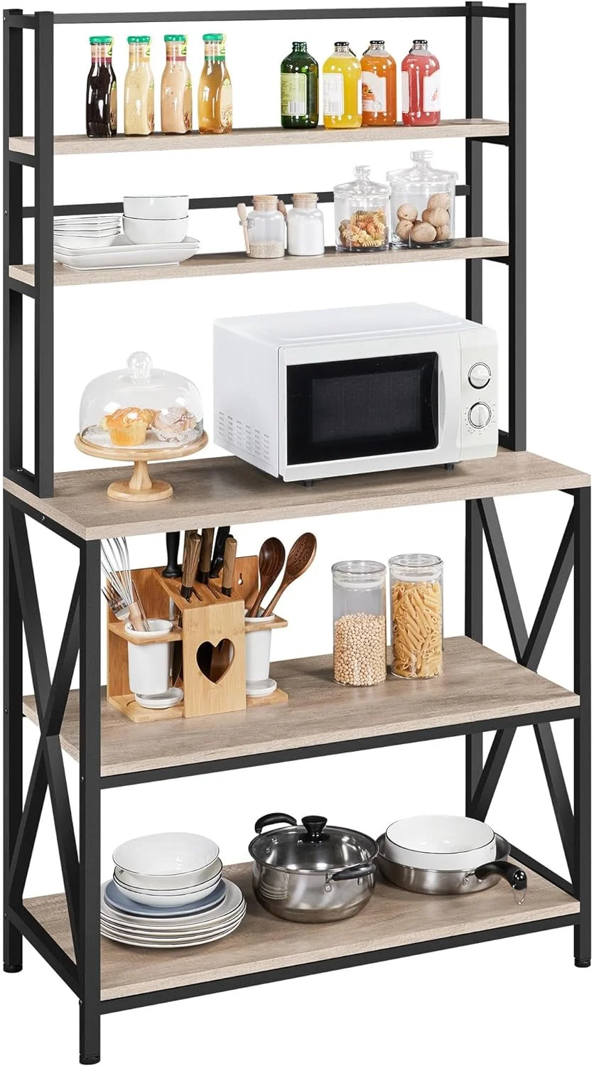 Kitchen Baker's Rack, Microwave Oven Stand with Utility Storage Shelves, 5-Tier Kitchen Organizer Rack with Metal Frame & Adjustable Feet, 35.5 Inch Width, Gray