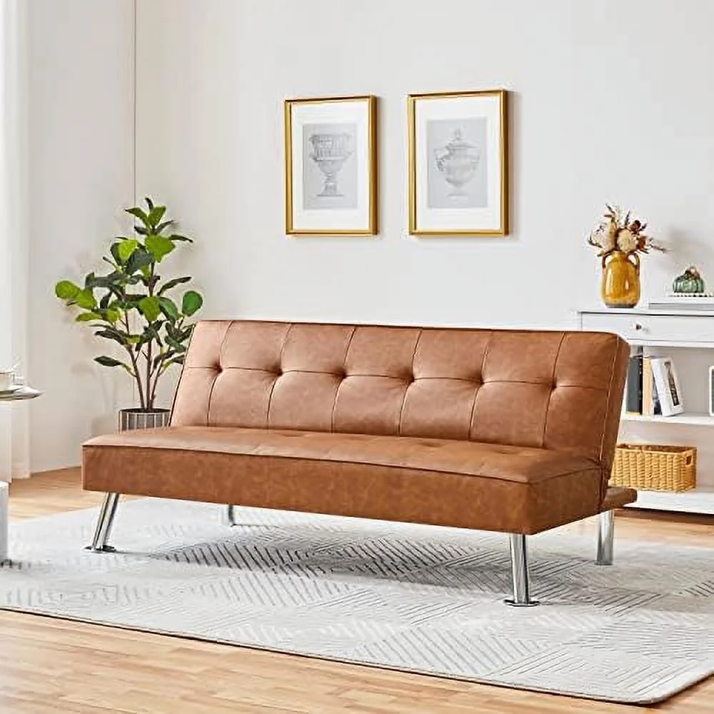 RSJIWOGZ Convertible Sofa Couch Futon Bed Faux Leather Sofa Bed Sleeper Adjustable Loveseat Futon Couch Living Room  with Chrome Metal Legs  Brown