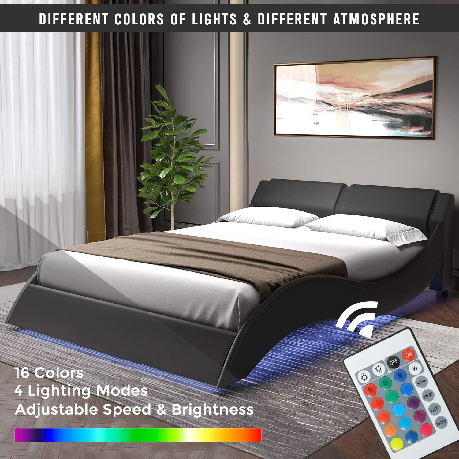 Full Size Bed Frame with LED Lights, Modern Curved Platform Bed with Upholstered Headboard, No Box Spring Needed, Black