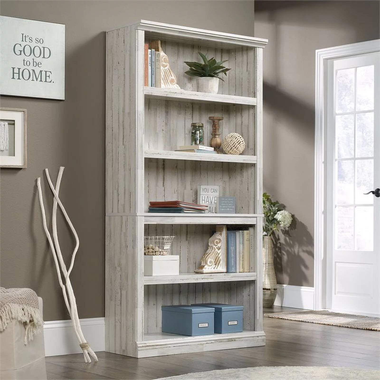 Pemberly Row 5-Shelf Modern Engineered Wood Bookcase in White Plank