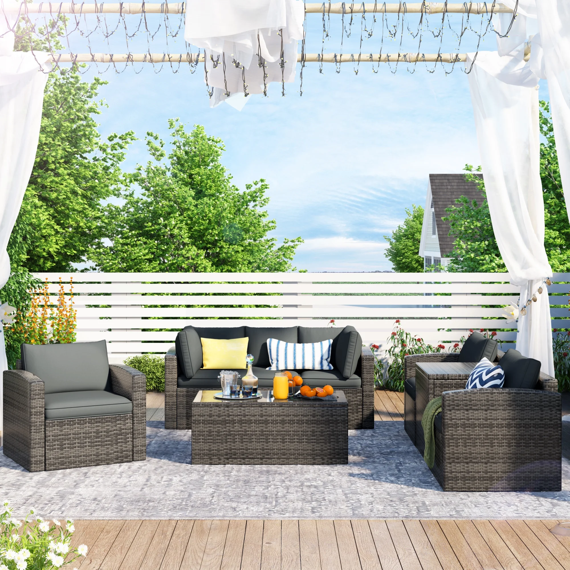 7 Pieces PE Rattan Wicker Sofa Sectional Furniture Set with Tea Table Outdoor Patio Furniture Sets with Sofa, Cushions, Chairs, a Loveseat, a Table and a Storage Box
