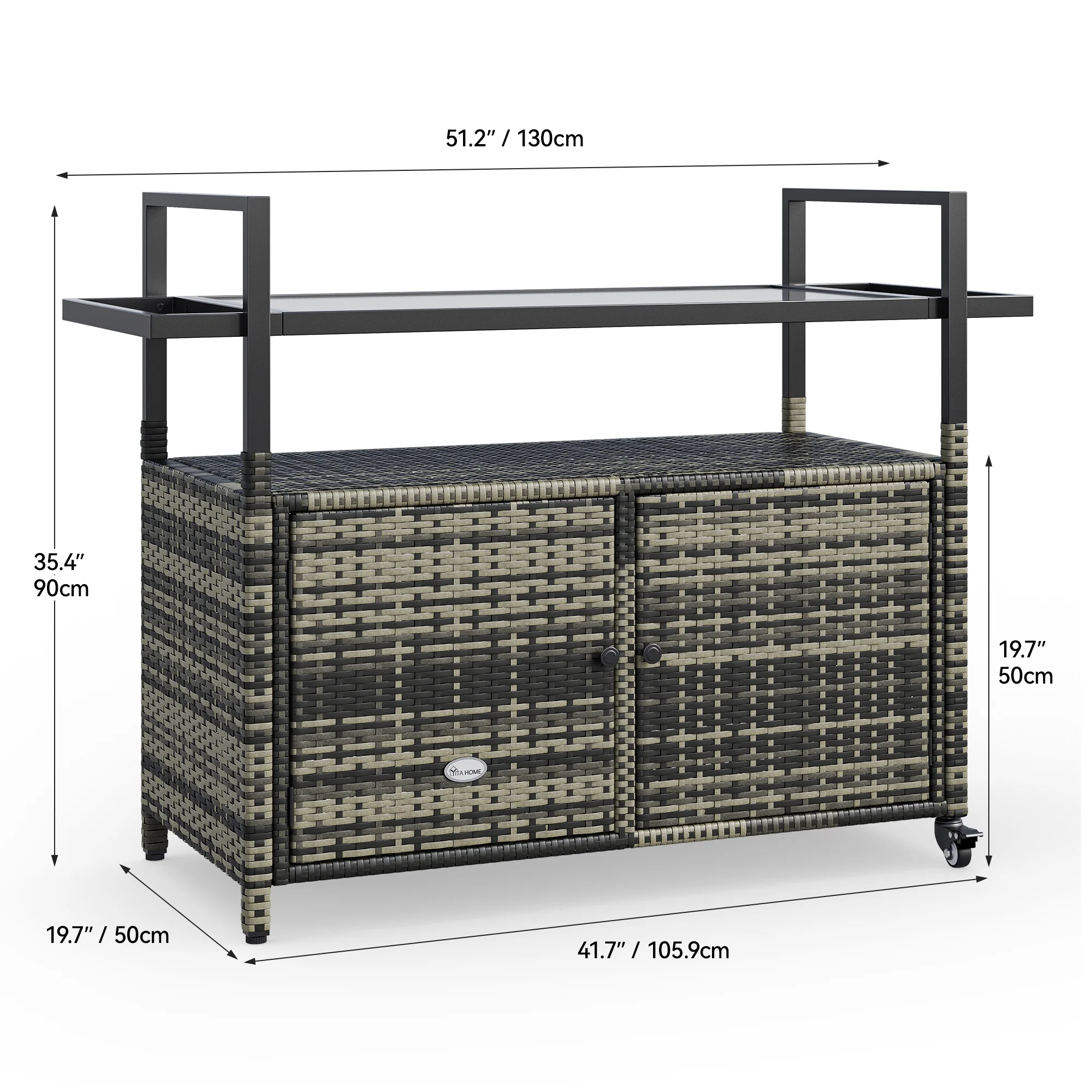 Dextrus Compact Outdoor Wicker Table with Built-in Storage, Sleek Glass Top for Patio, Pool Area, and Backyard (Gray Gradient)