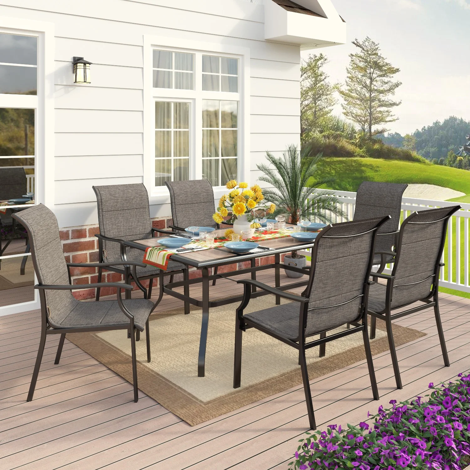 MF Studio 7 Pieces Outdoor Patio Dinning Set with 6 Pieces textilen outdoor dining chairs for patio, deck, porch