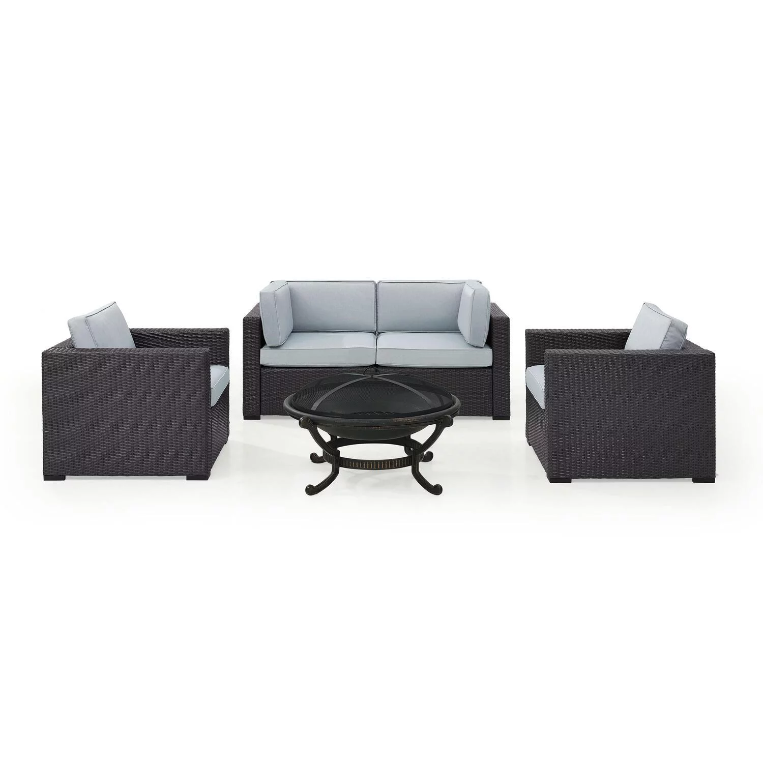Crosley Furniture Biscayne 4 Person Outdoor Wicker Seating Set In Mist - Two Armchairs, Two Corner Chair, Ashland Firepit
