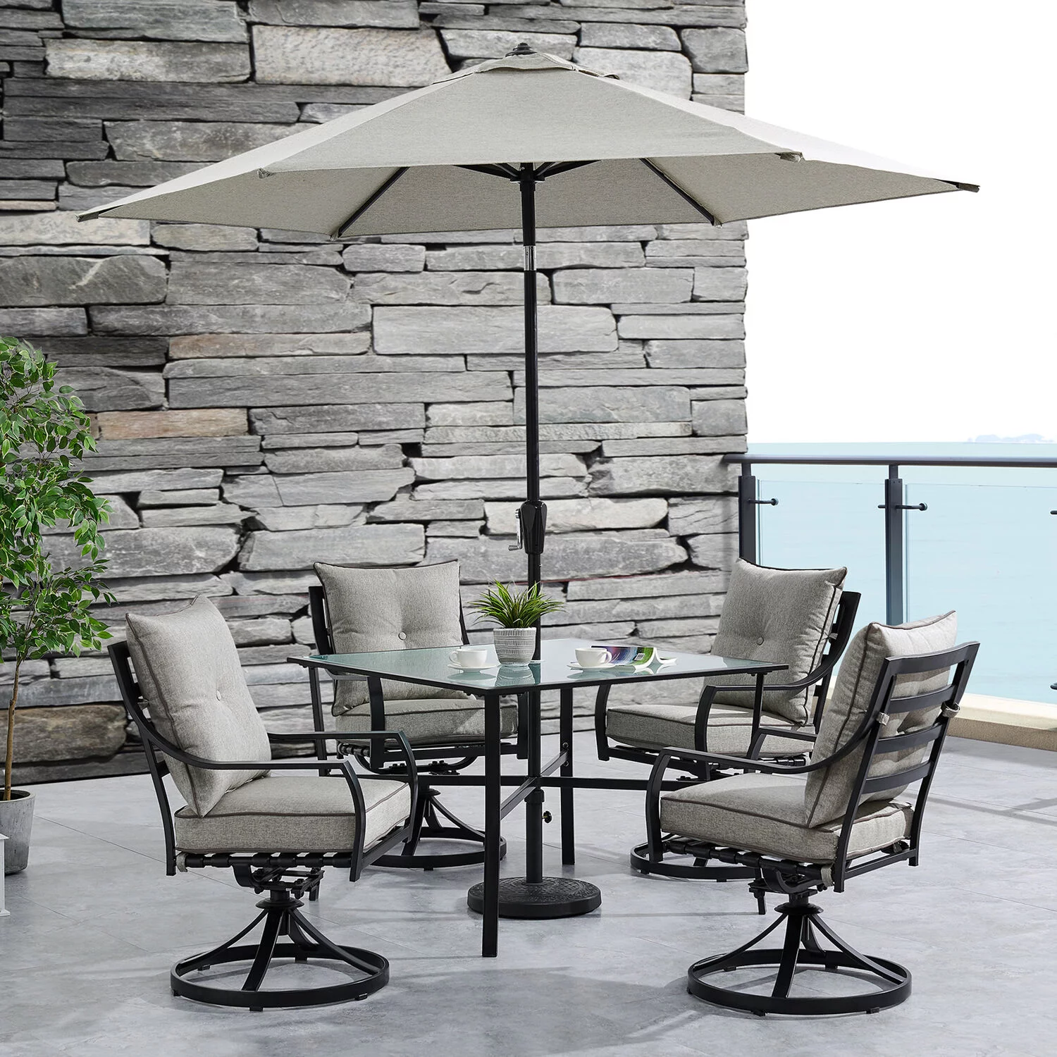 Hanover Lavallette 5-Piece Dining Set in Silver Linings with 4 Swivel Rockers, 42-In. Square Glass-Top Table, Umbrella, and Base, LAVDN5PCSW-SLV-SU