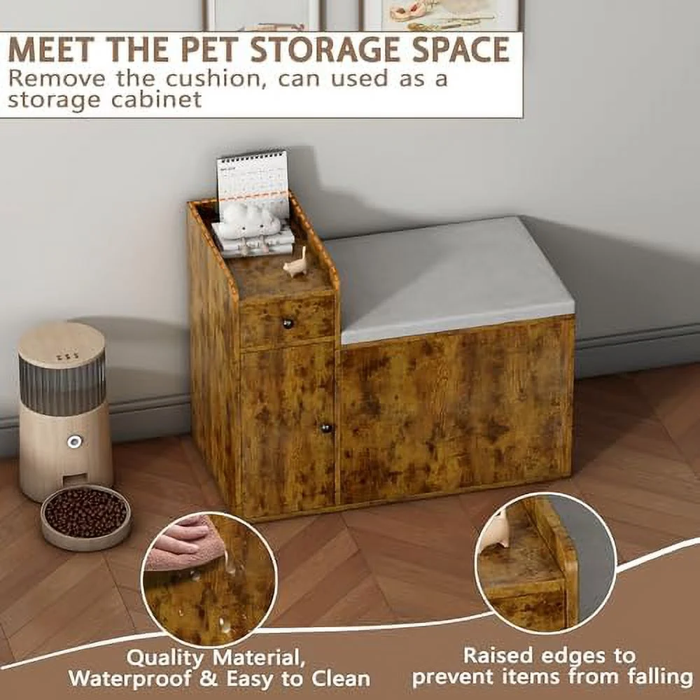 Cat Litter Box Enclosure  34” Litter Box Enclosure with Top Opening with Removable Cushion  Wooden Cat Washroom Hidden Litter Box Furniture House