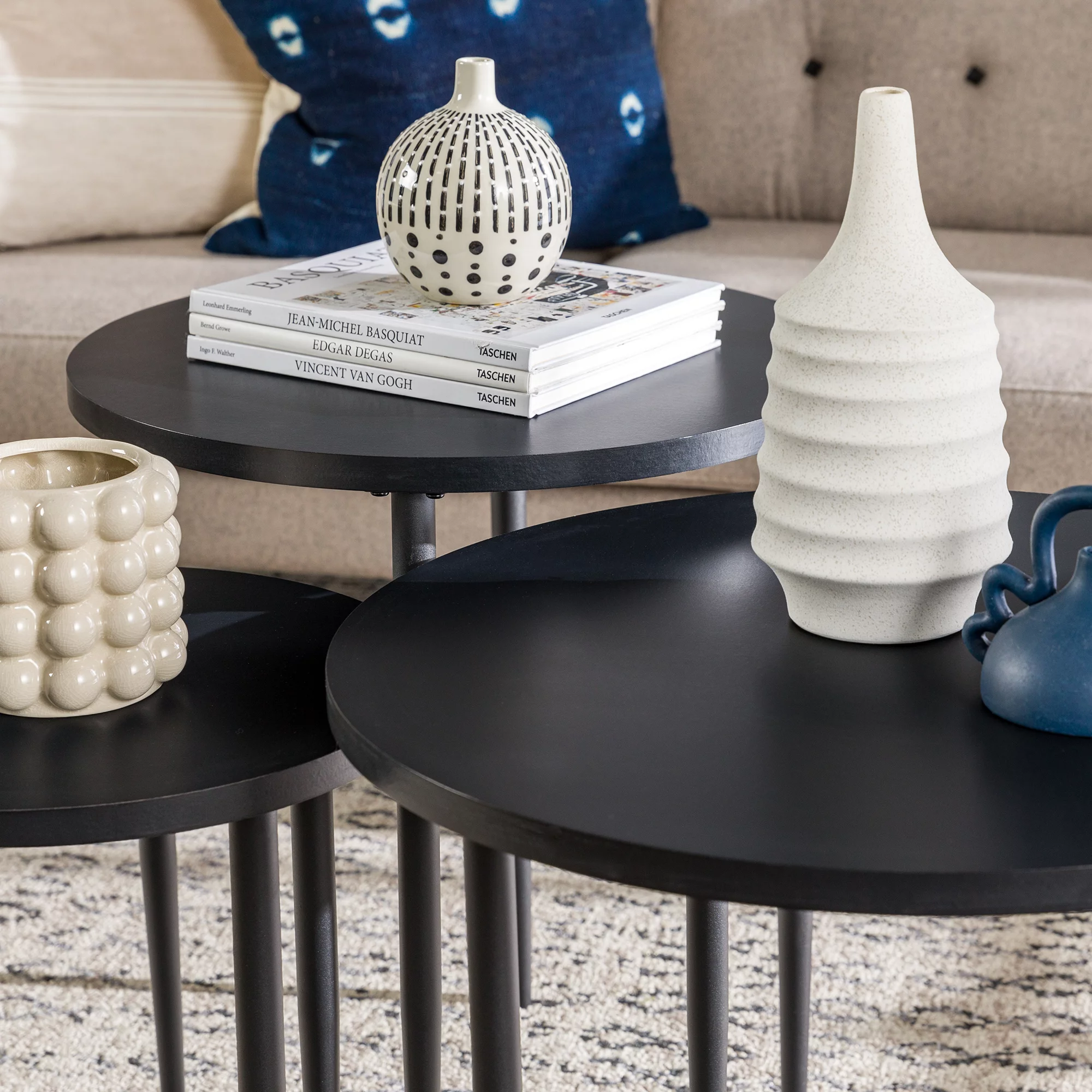 Walker Edison Modern Round Nesting Coffee Tables, Set of 3, Solid Black