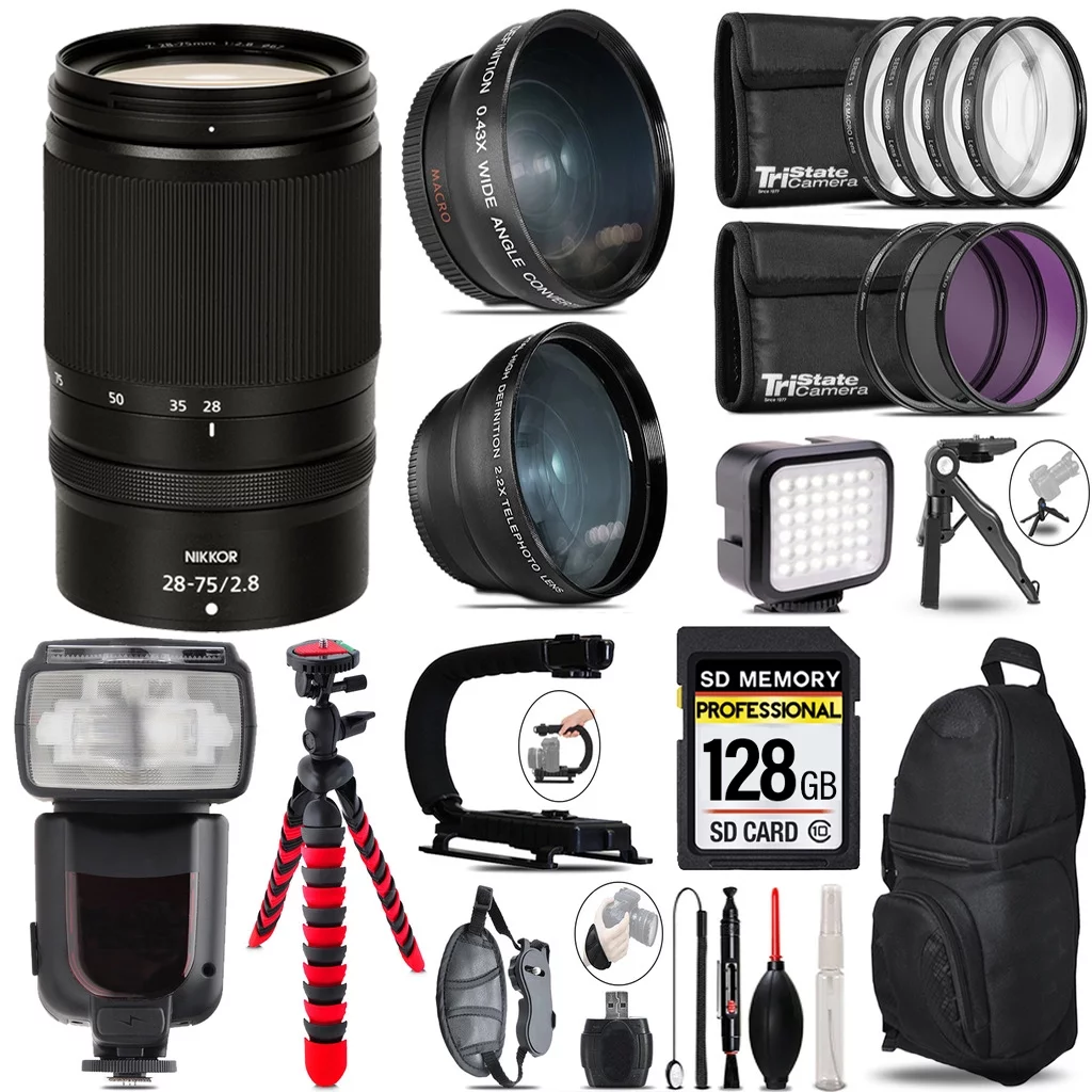 Nikon NIKKOR Z 28-75mm f/2.8 Lens + Pro Flash + LED Light + Tripod - 128GB Accessory Bundle