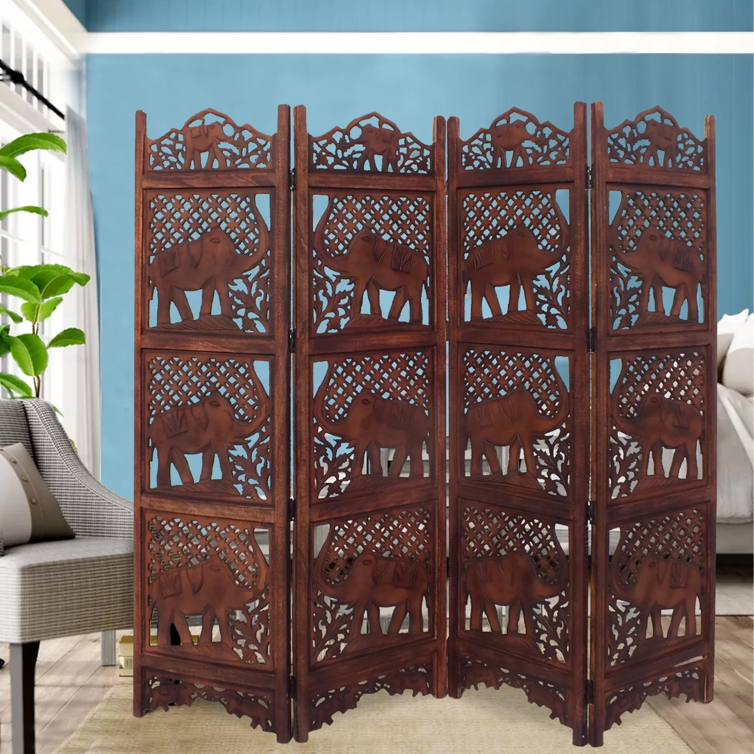 Maykoosh Hollywood Regency Hand Carved Elephant Design Foldable 4 Panel Wooden Room Divider, Brown