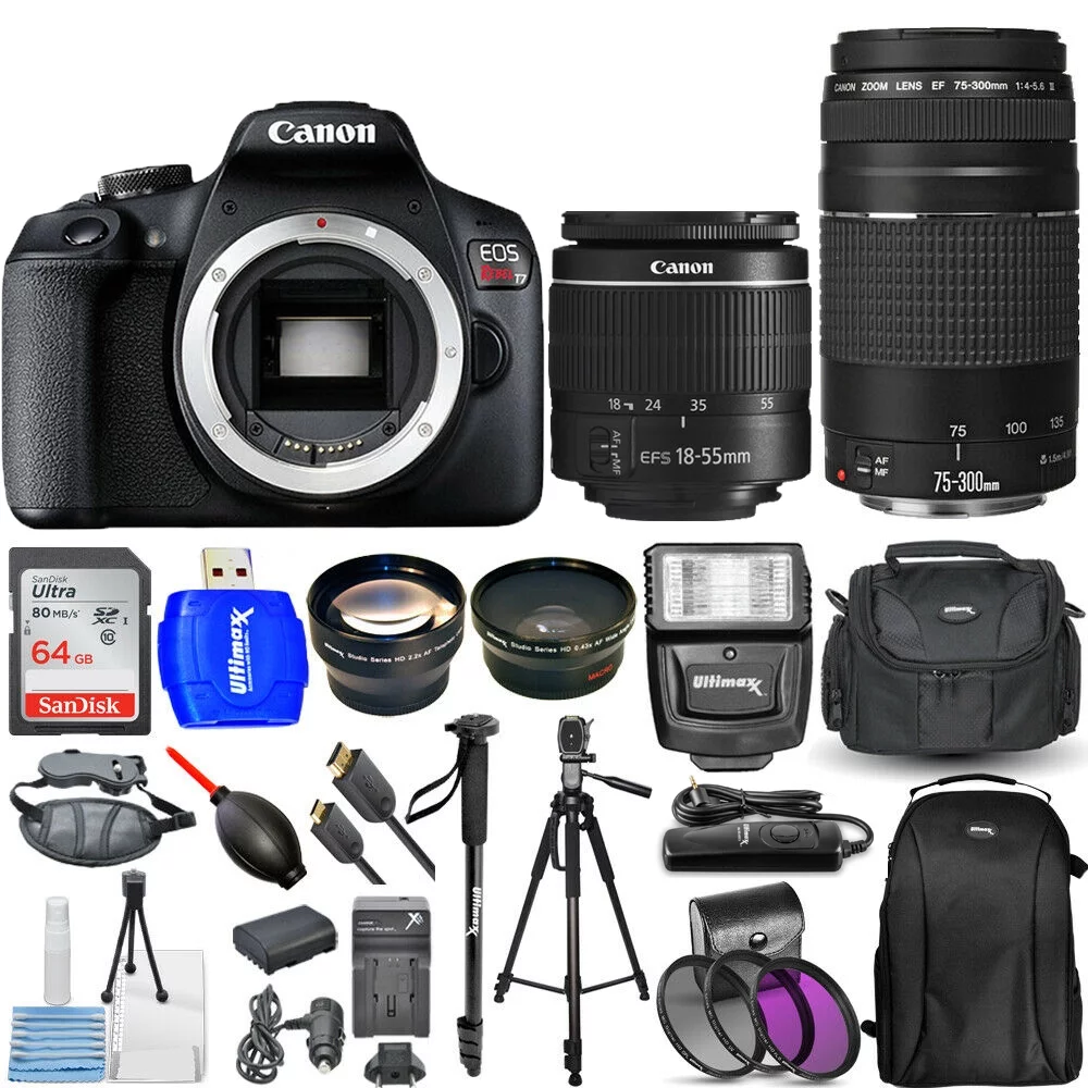 Canon EOS Rebel T7 4 Lenses 18-55mm + 75-300mm + 64GB - Top Value Bundle