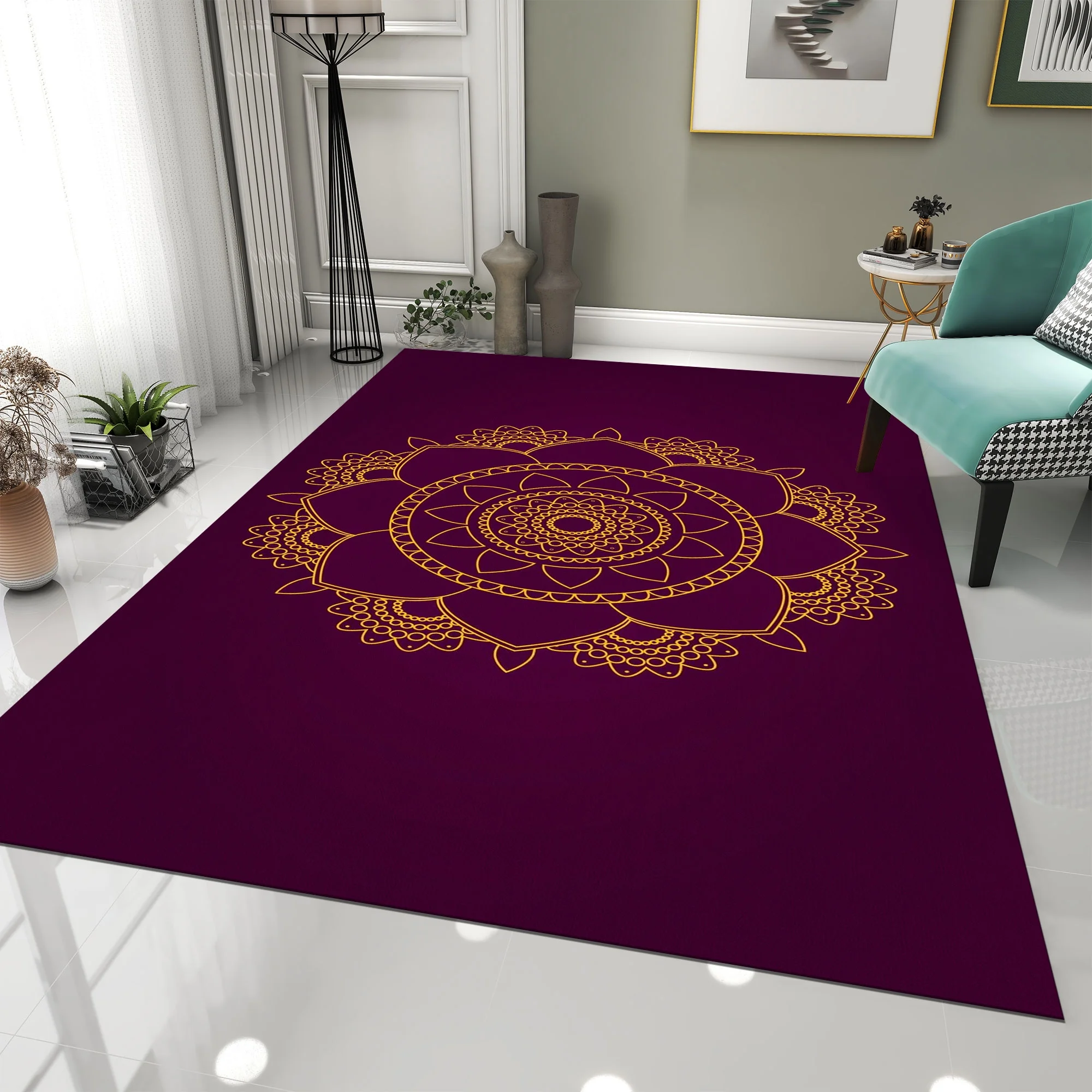 Dreammotif Minimalist Purple Mandala Modern Area Rug for Living Room - 3.3 x 5 ft Machine Washable, Thin, Non Slip Backing Carpet