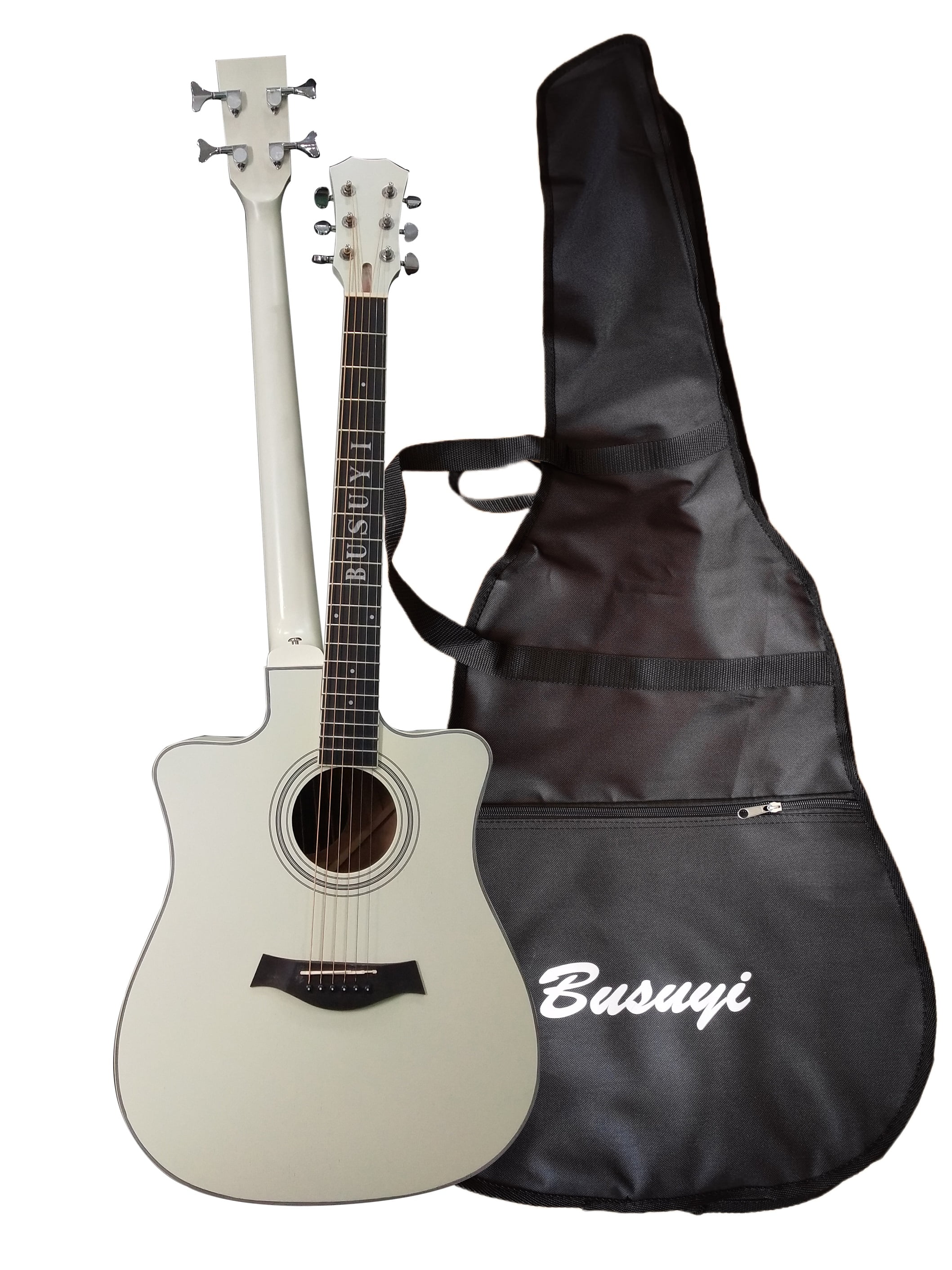 Busuyi Acoustic Electric Guitar 4 String Bass 6 String Lead Acoustic, Travel Acoustic Guitar with Classical Metal Heel 41 inch Bass Guitar, 39inch Acoustic, Double Neck Guitar (White)  All Levels
