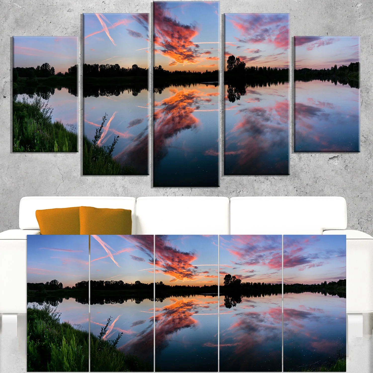 DESIGN ART Sunset Sky Mirrored in Lake Water - Landscape Art Canvas Print - Blue 60 in. wide x 32 in. high - 5 Panels Diamond Shape