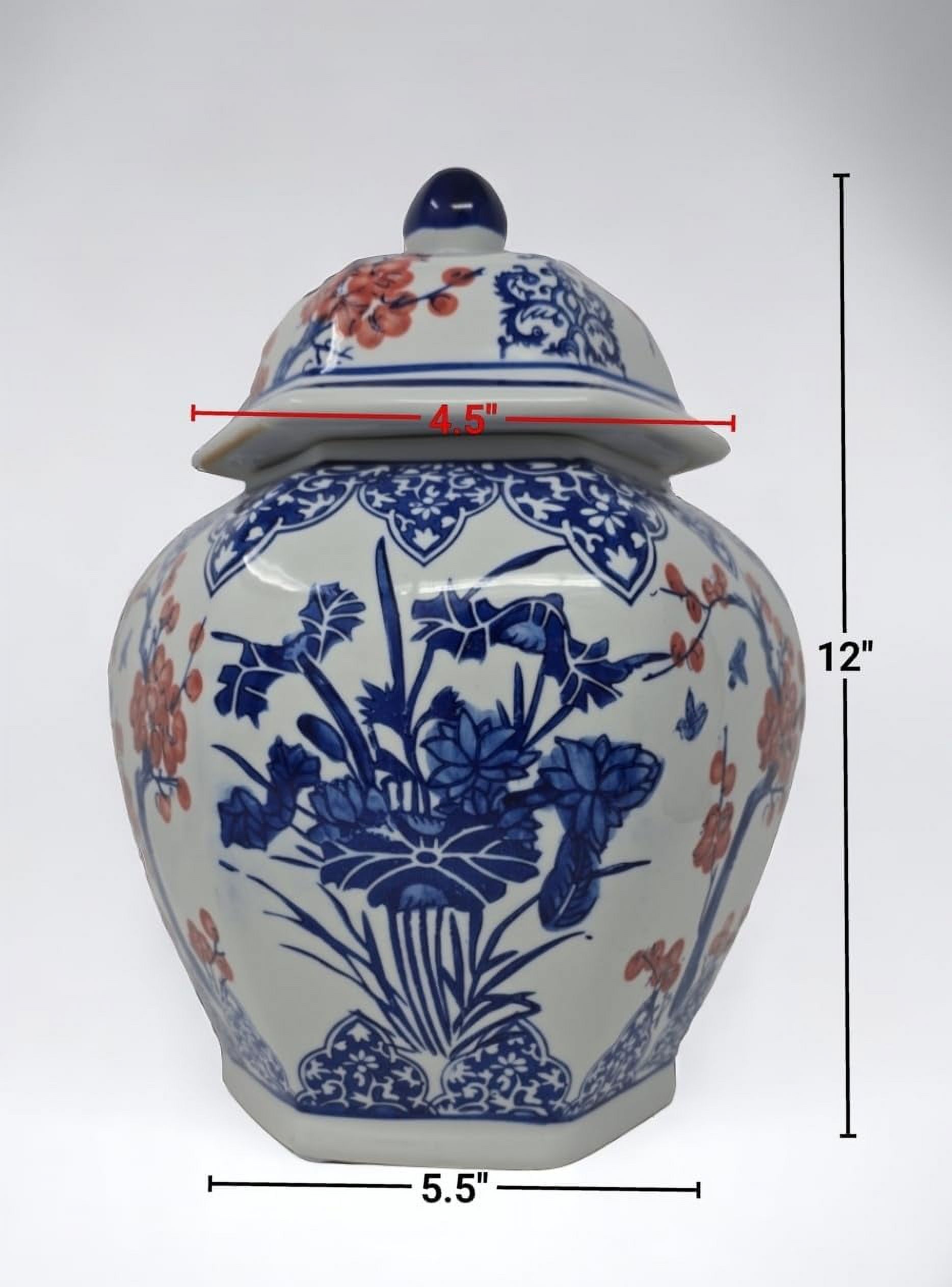 Blue And White Porcelain Ceramic Covered Floral Jar Vase, Food Container Storage Lotus Plum Blossoms,(J23), 12 Inch