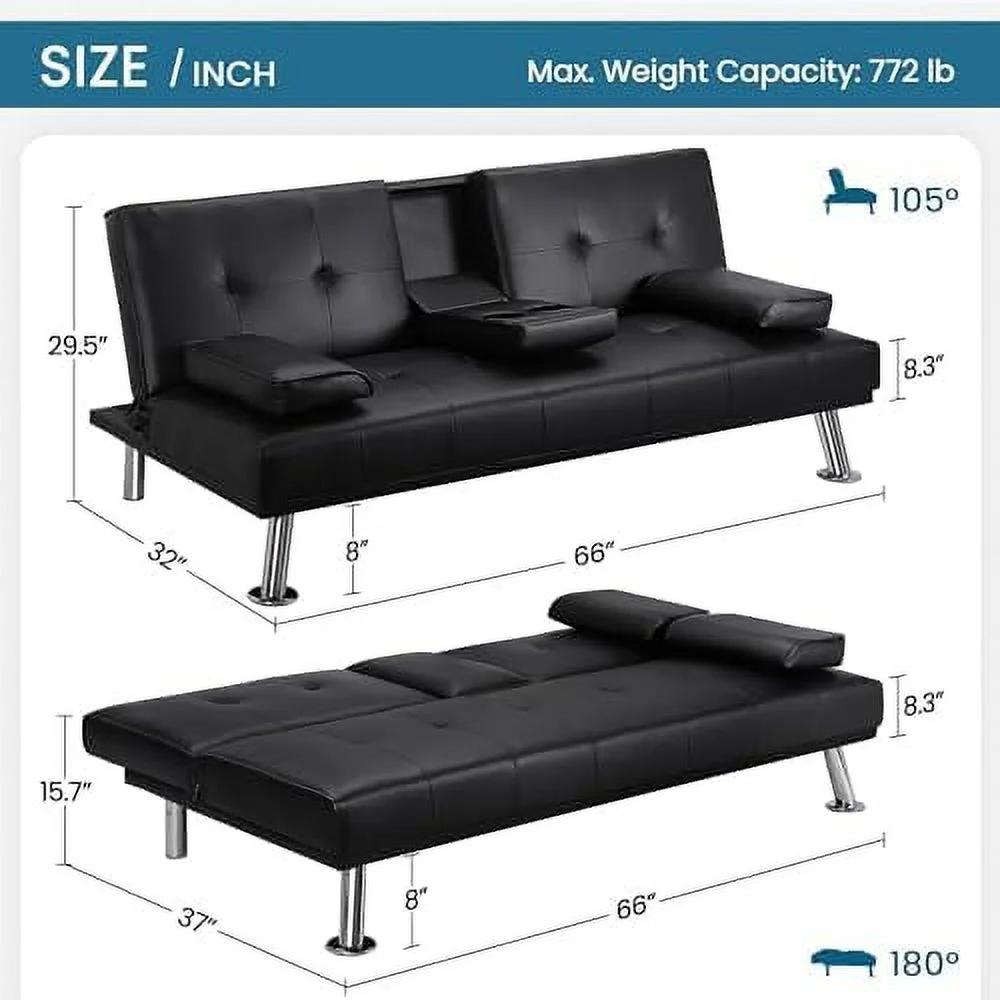 TJCGDTY Convertible Sofa Bed Adjustable Couch Sleeper Modern Faux Leather Home Recliner Reversible Loveseat Folding Daybed Guest Bed  Removable Armrests  Cup Holders  3 Angles  772lb Capa