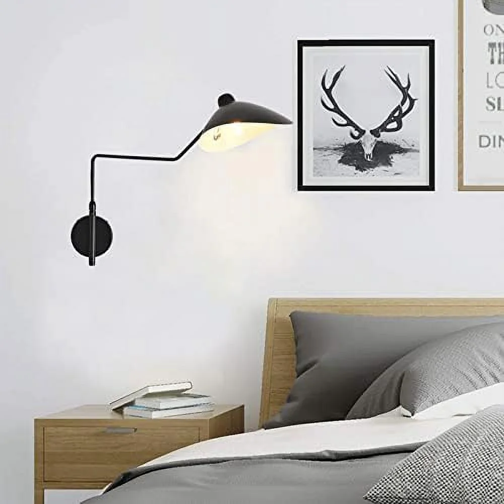 SQHJV Swing Arm Wall Sconce   Black Wall Sconce Modern  Wall Lamp Adjustable Plug in/Hardwired Two-Way  Matte Black Wall Light Fixtures for Living Room Bedroom Vanity Study Desk Office