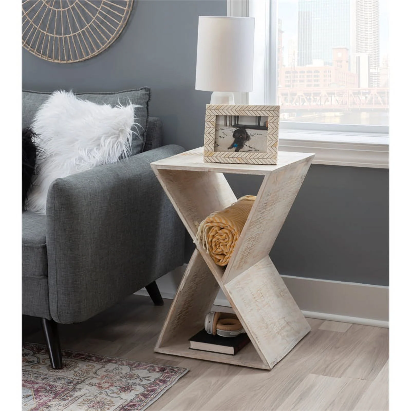 Pemberly Row Transitional Mango Wood Triangle Side Table in Whitewash