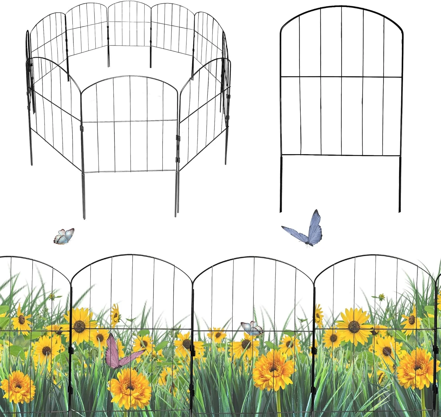 Garden Fence, 10FT x 24IN Metal Decorative Arched, 10 Panels Wire Border Animal Barrier, Ground Stake Fence for Dog Yard Patio Outdoor Landscape Decor