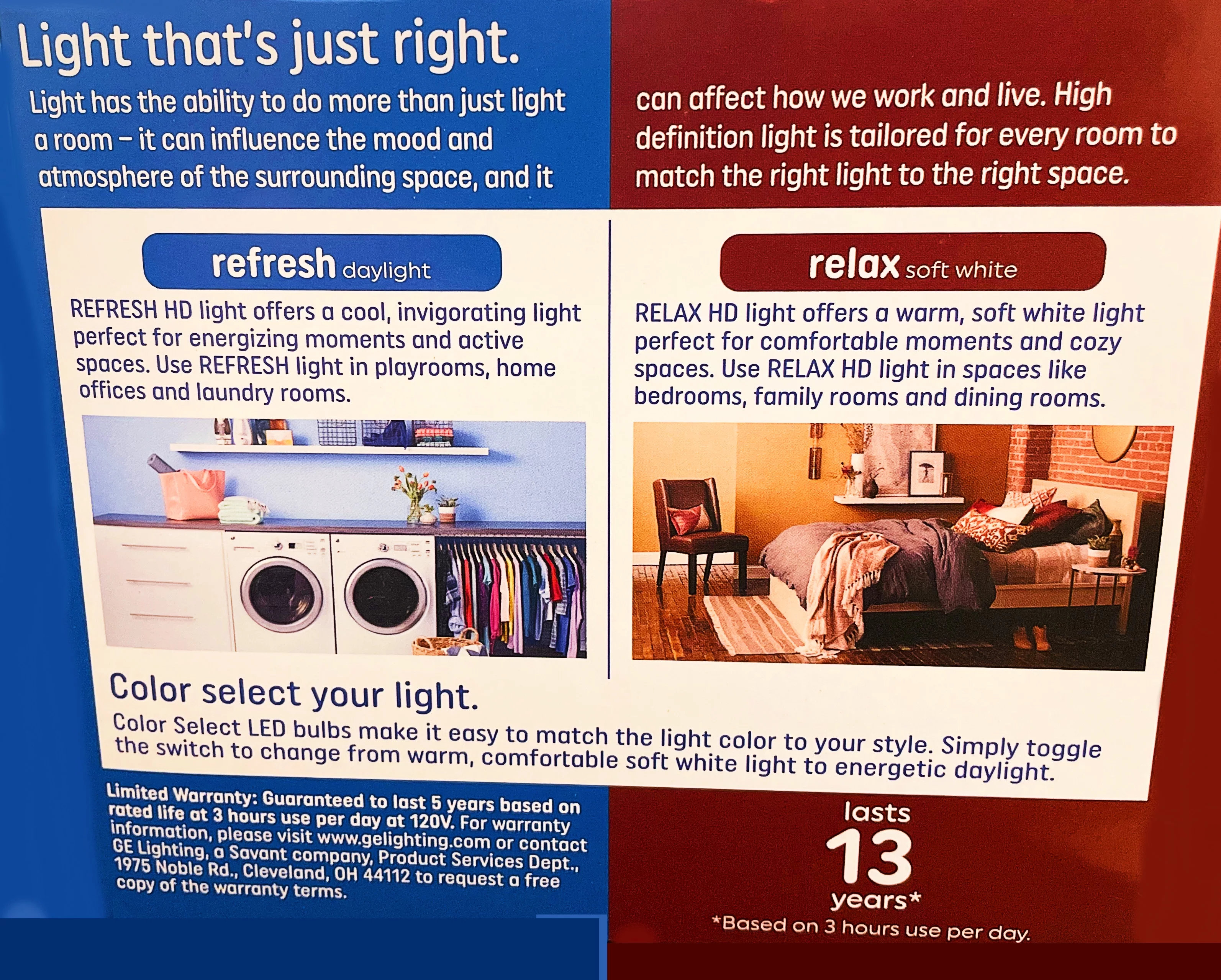 GE color select LED Easy Switching Indoor LED Light Bulbs, A19, relax or refresh, 2 color options on each bulb, HD Light, Dimmable, 800 Lumens, 60 watt replacment unique colorselect LED Light Bulb