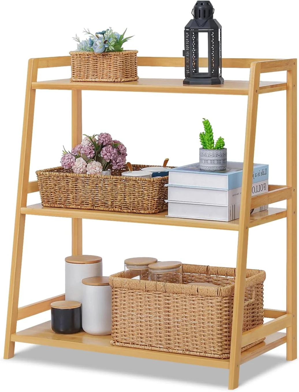 Bamboo Ladder Bookshelf 3-Tier Ladder Shelf Floor standing Display Shelving Units Storage Rack Plant Stand For Home Office Library (Natural, 27.2